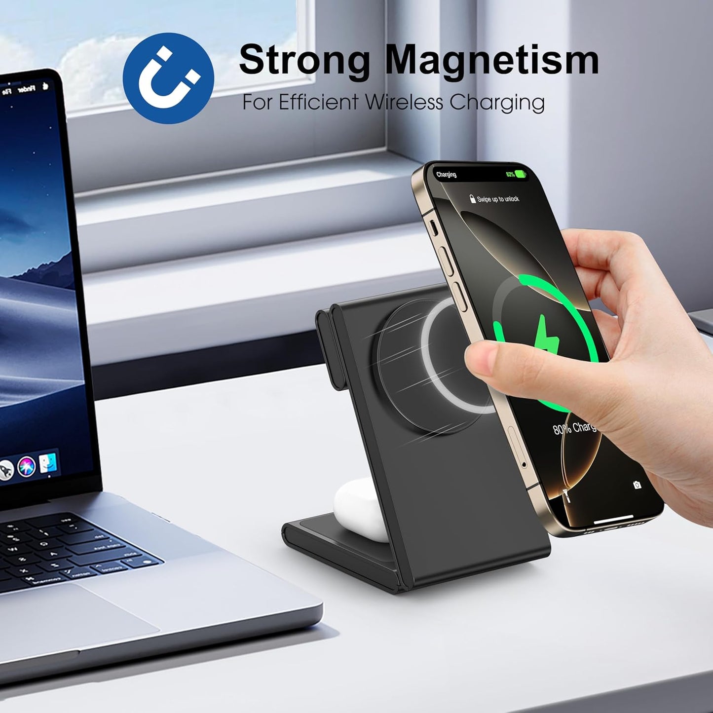 3-in-1 Wireless Charging Station, Standard 20W Fast Magnetic Foldable Magsafe Charger Stand for iPhone 16 15 14 13 12 Series, Travel Charger for iWatch 10/Ultra 2/AirPods 4 Series(Adapter Included)