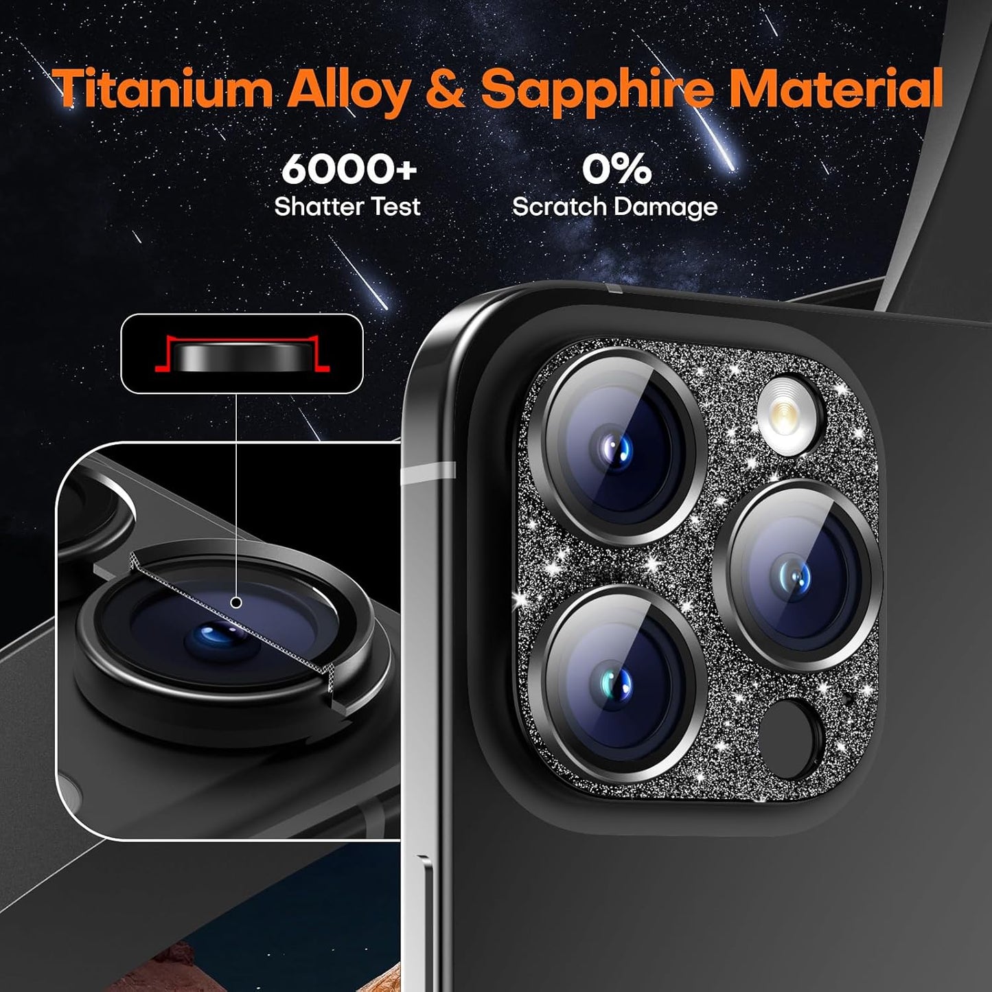 Camera Lens Protector for iPhone 16 Pro Max/16 Pro/15 Pro Max/15 Pro/14 Pro Max/14 Pro, Aluminum Alloy Sapphire Glass Camera Screen Cover, Case Friendly- Glitter Black