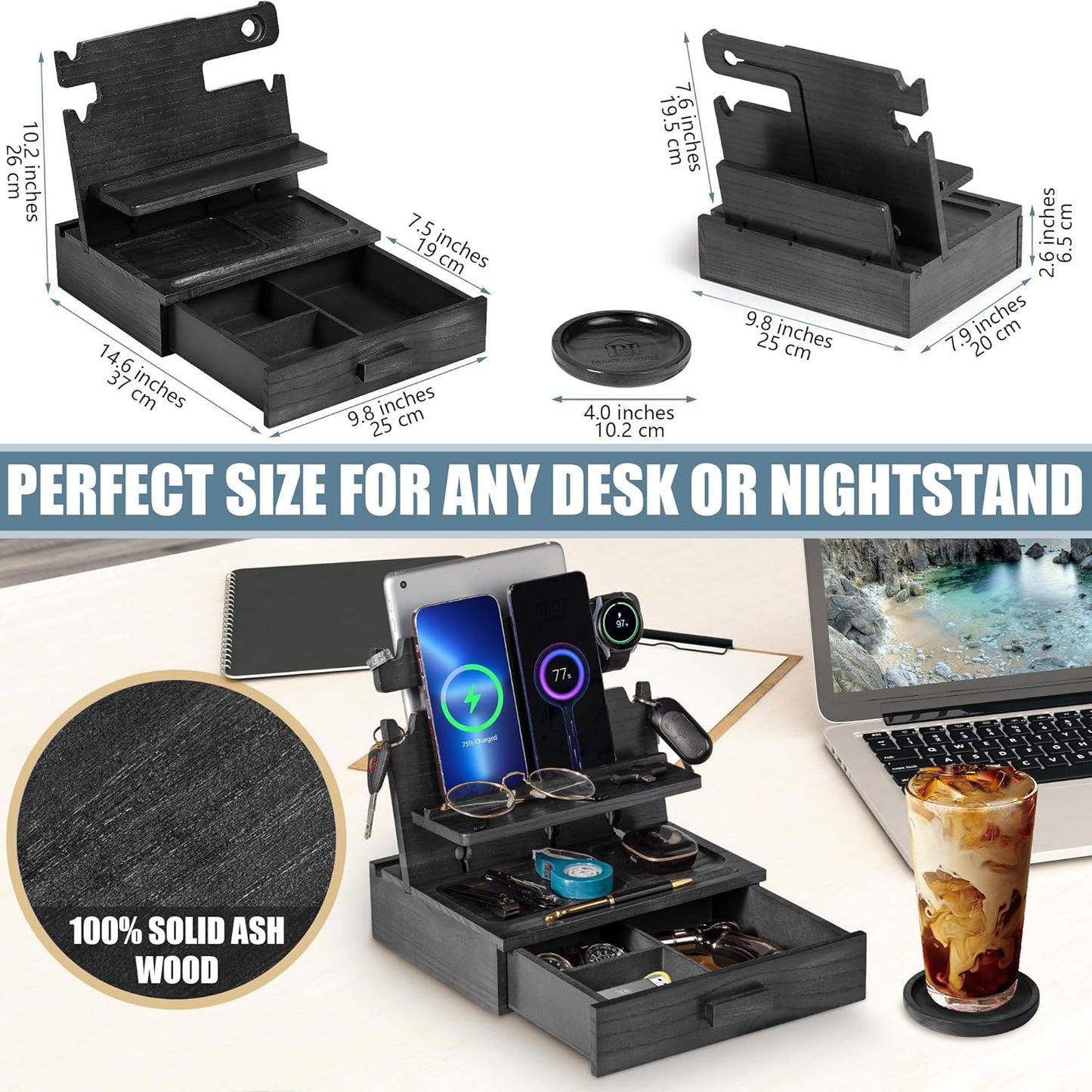 Black Wood Phone Docking Station for up to 3 Phones, Samsung Galaxy Watch Compatible Nightstand Organizer with Drawer for Valuables for Men & Women, Holds Phones, Tablets, Keys, Rings, Glasses, EDC
