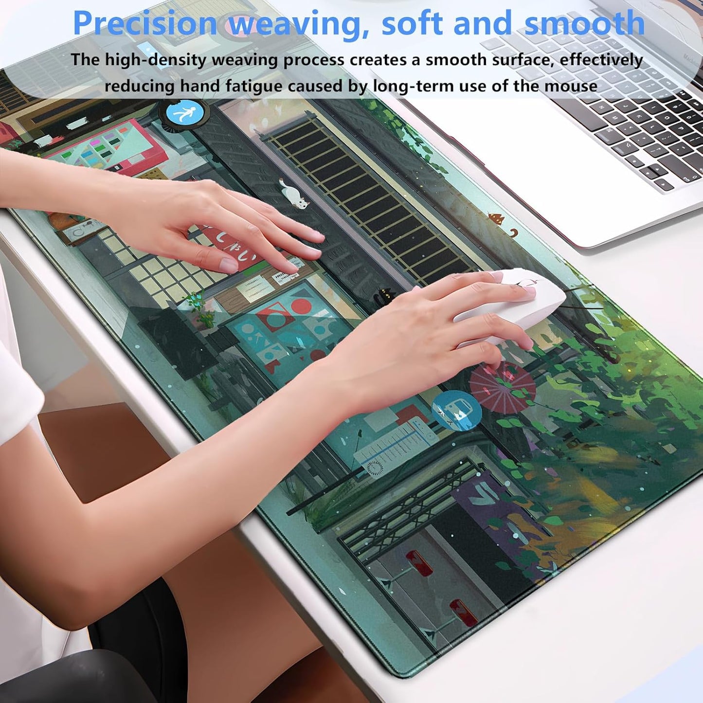 Kawaii Anime Cat Gaming Desk Mat Pad XL Large Mouse Pad (31.5"x15.7") Mouse & Keyboard Desk Pad with Stitched Edge, Vibrant Green Design for Home Office & Computer Gaming Setup