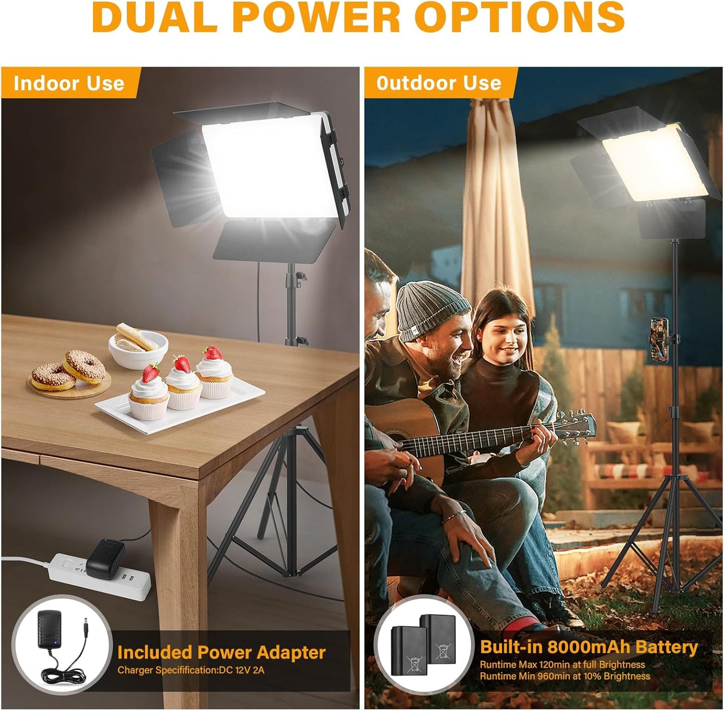 2 Pack Led Video Light Panel Light with Barndoor, 8000mAh Rechargeable Camera Light with 79'' Stand, Photo Studio Lighting kit for Video Recording Live Streaming Outdoor Indoor Photography