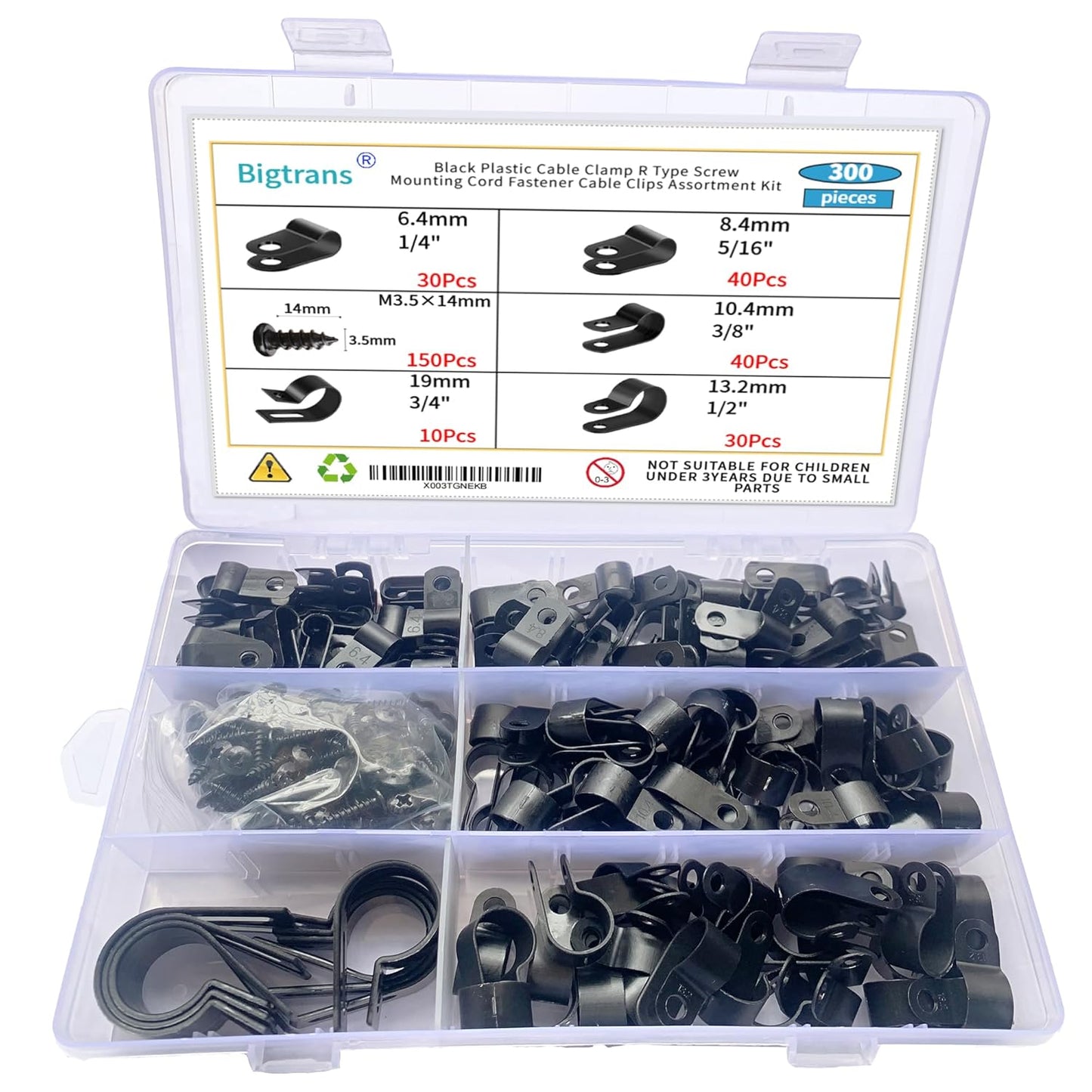 Bigtrans 300 Pcs Nylon Plastic R-Type Wire Clips with Screws 1/4" 5/16" 3/8" 1/2" 3/4" Clamps Fasteners Assortment for Cable Conduit -5 Size -Black