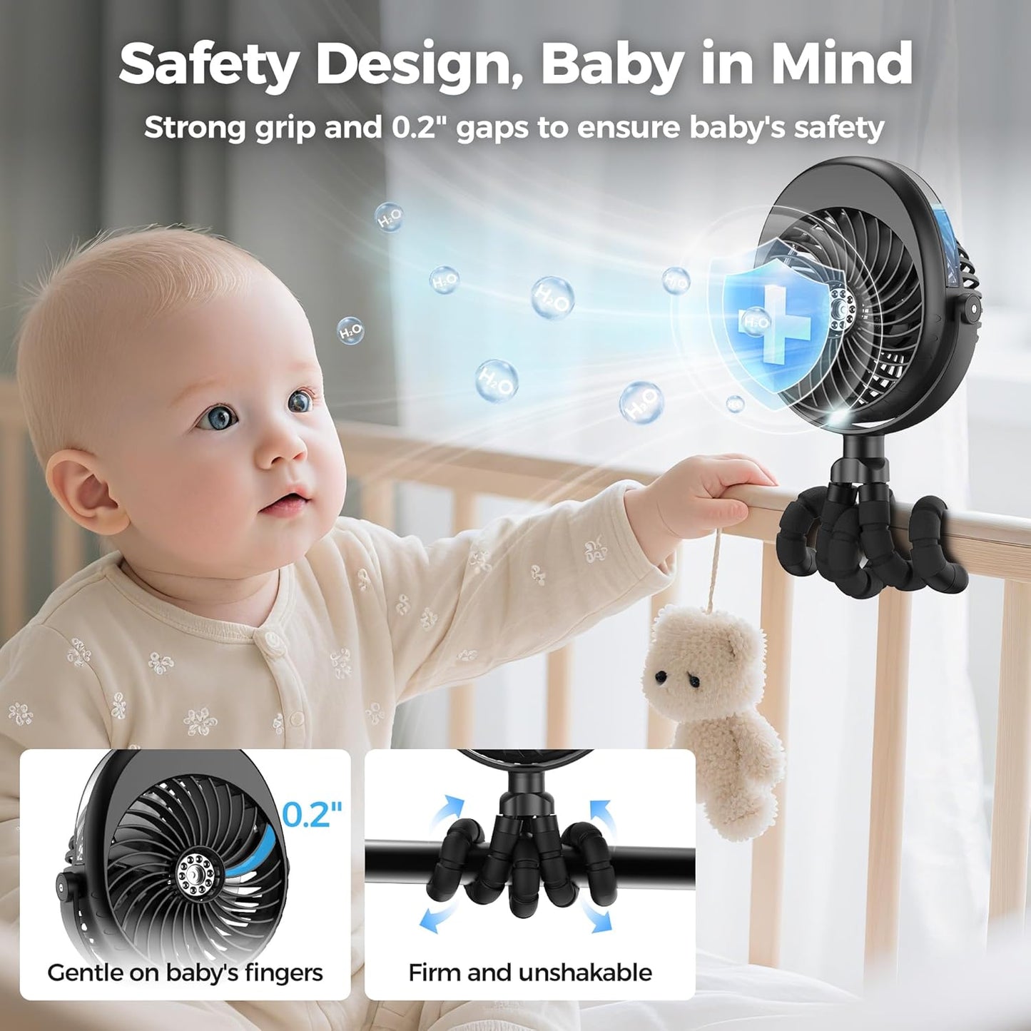 2025 Upgarded 4000mAh Misting Baby Stroller Fan, Rechargeable Battery Operated,Max 15Hrs Cooling,50ml Portable Water Sprayer Misting Fan with Flexible Tripod Clip on Car Seat Crib Treadmill Bunk Bed