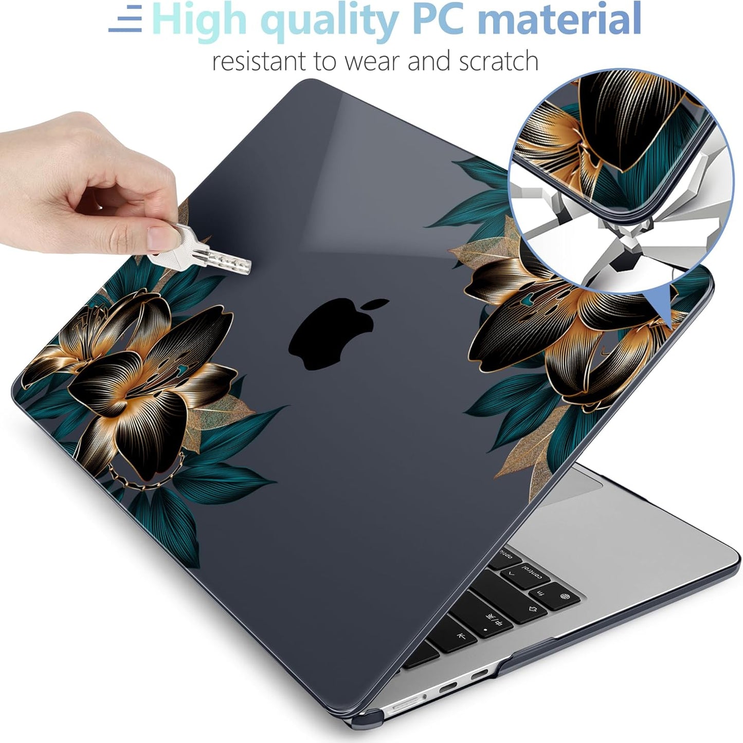 MEEgoodo for M4/M3/M2 MacBook Air 15.3 inch Case 2025 2024 2023, Case Fit Model (A3241/A3114/A2941) for MacBook Air 15 inch, Laptop Hard Shell with Keyboard Cover, Golden Lilies
