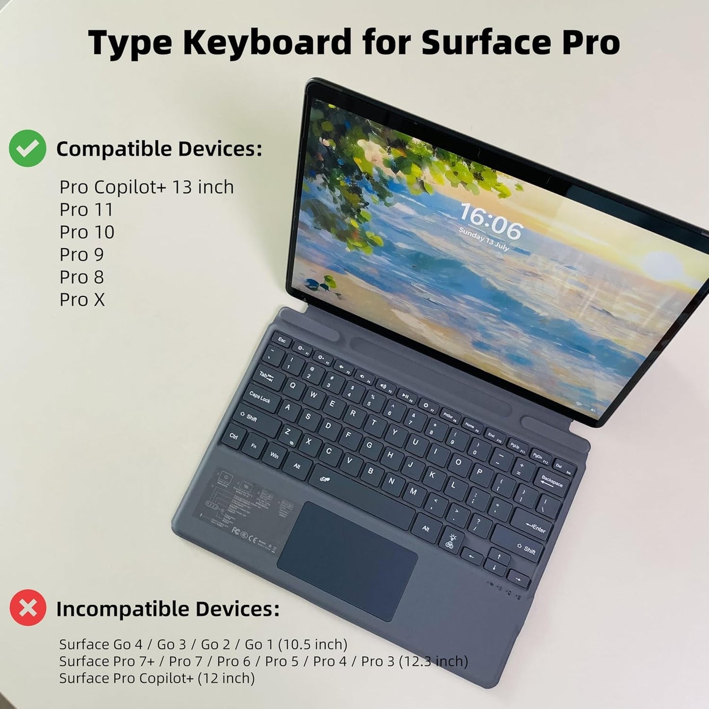 Keyboard for Microsoft Surface Pro Copilot+ (11th Edition) / Pro 11 / Pro 10 / Pro 9 / Pro 8 / Pro X, 13 inch, Detachable Type Cover with Touchpad, Pen Holder (Grey Without Backlit)