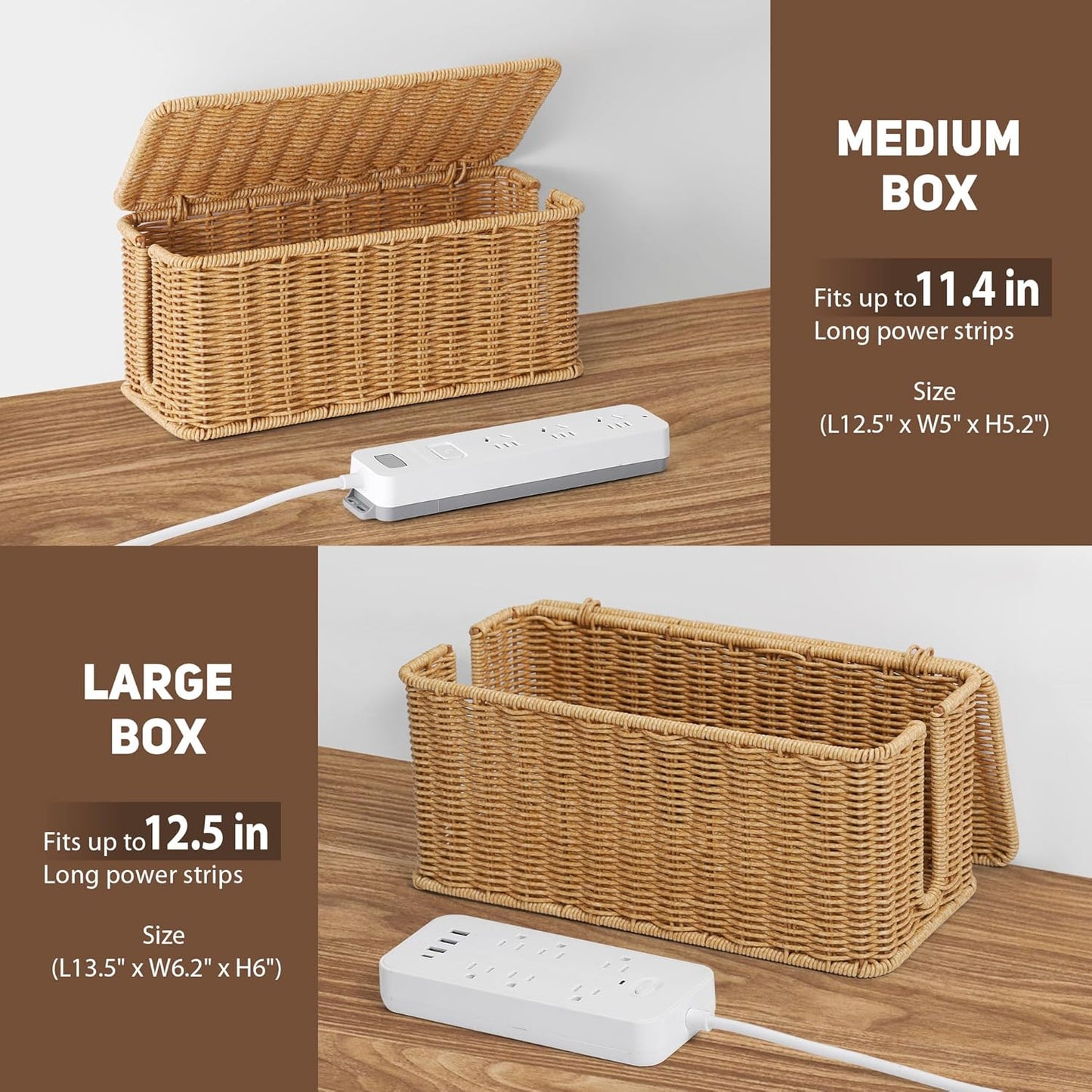 2Pack Large Cable Management Box, Handwoven Imitation Rattan Cord Organizer Cord Hider Box, Cable Organizer Box for Desk, Cord Management Box to Hide Cords and Power Strips