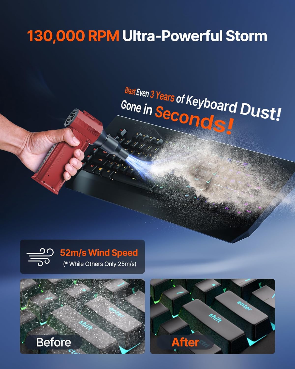 Compressed Air Duster, 130,000RPM Ultra-Powerful Cordless Electric Air Duster with 8000mAh Rechargeable Battery, 4-Gear Adjustable Air Blower for Keyboard, Computer, Car, Home Cleaning - Red