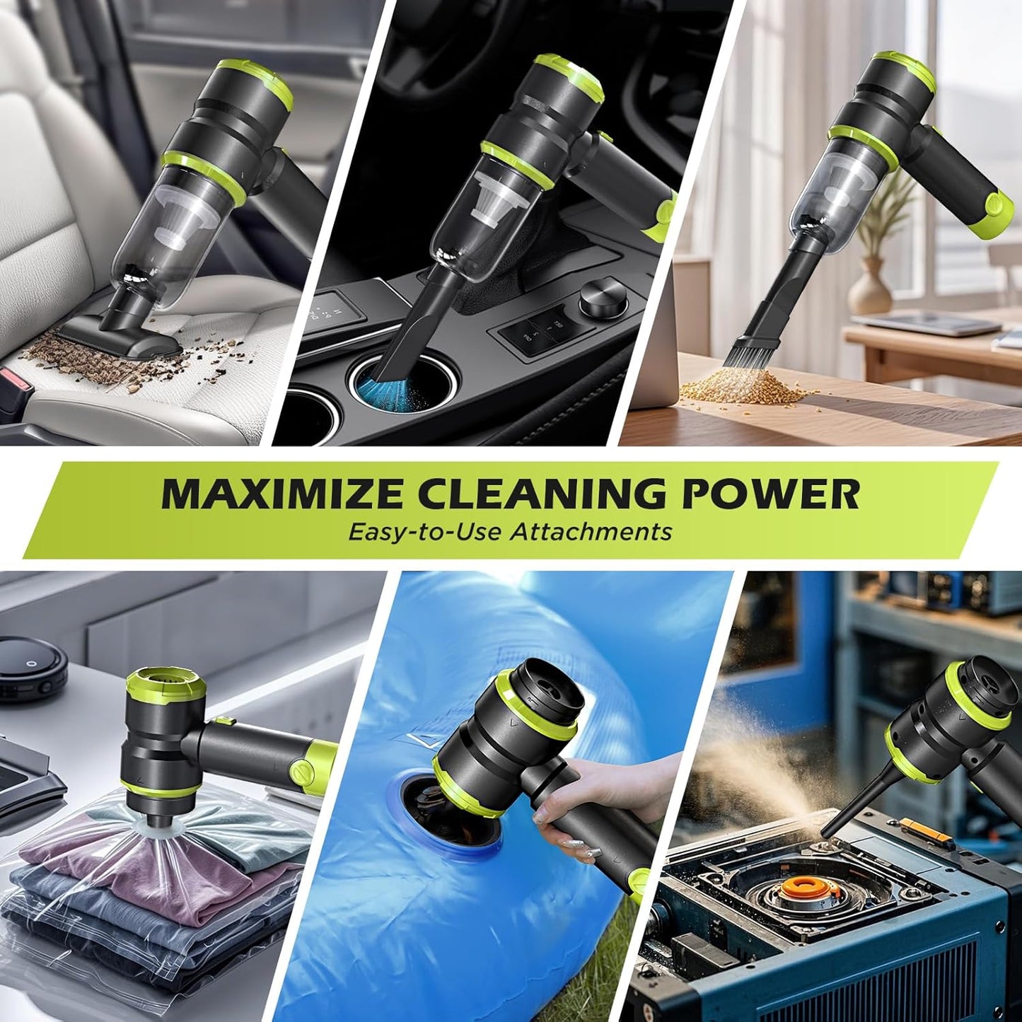 Handheld Car Vacuum with 15000PA Power, 4 in 1 Small Powerful Cordless Vacuum Cleaner & Air Duster with 2000mAh Battery, Rechargeable Portable Mini Hand Held Vacuum for Car,Home,Office,Pet Hair（Green）