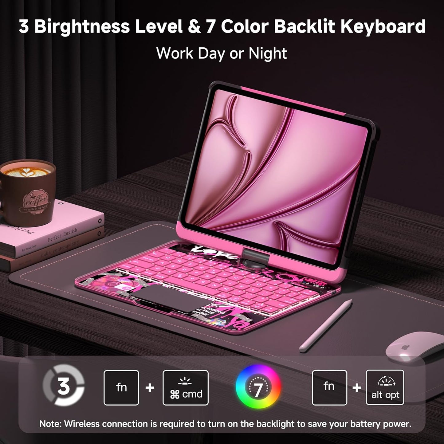 iPad Keyboard Case for iPad 10th Gen (2022) & 11th (A16, 2025), Magic Wireless Keyboard with Trackpad 7 Color Backlit, 360° Rotating Stand Transparent Protective Cover with Pencil Holder (Pink)