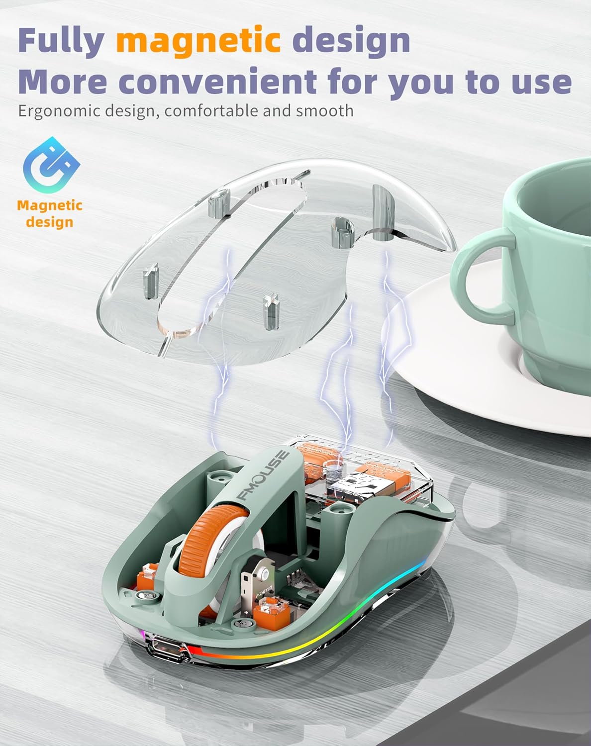 Bluetooth Wireless Mouse, Transparent RGB Tri-Modes Mouse,Bluetooth & 2.4GHz for Multi Device, USB-C Receiver Ideal for MacBook/Laptops, Rechargeable, Silent, Portable, Cool LED, Ergonomic - Green