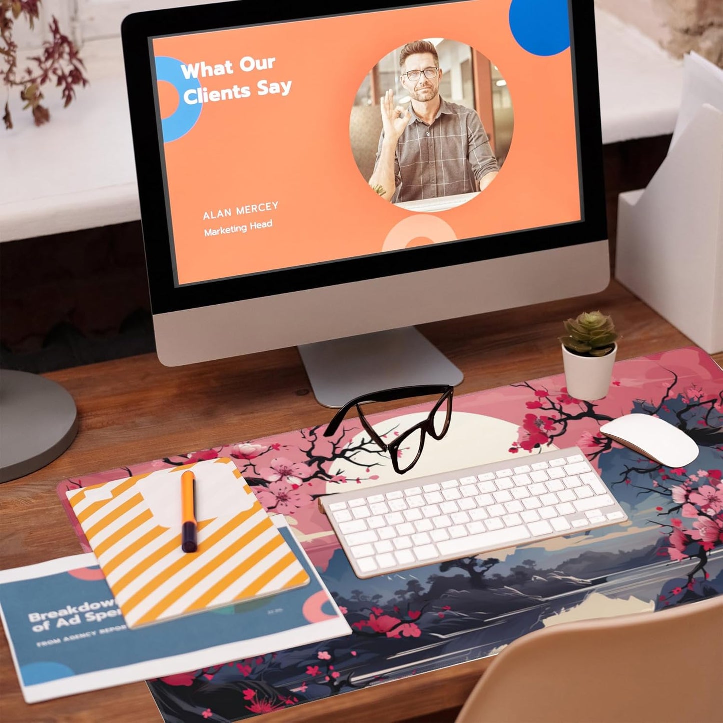 Desk Pad,Pink Cherry Blossom Tree Desk Mat,Mountains and Sun Large Gaming Mouse Pad for Desk,Extended Big Computer Keyboard Mouse Pad with Non-Slip Base and Stitched Edge,35.4"x15.7"