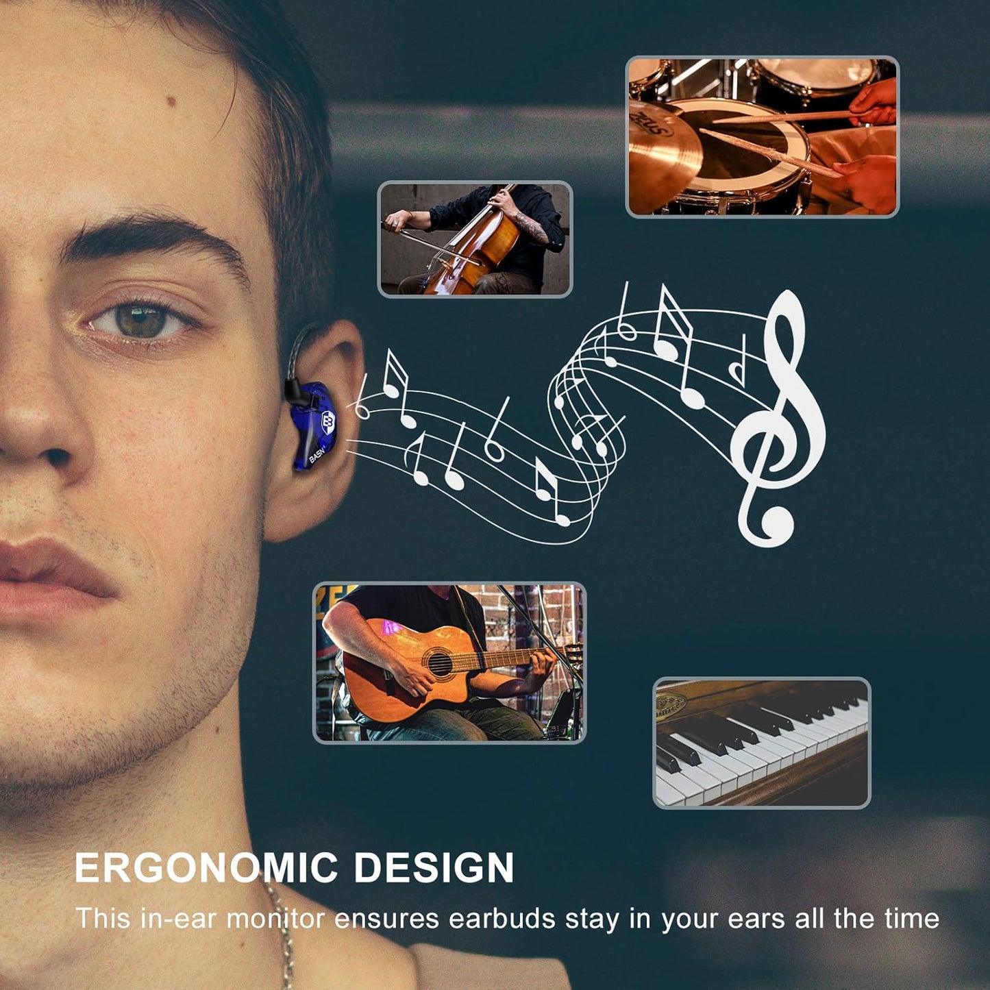 BASN Bsinger PRO in-Ear Monitors Hybrid Dynamic Dual Drivers Two Detachable MMCX Cables Musicians in-Ear Earbuds Headphones (Blue)