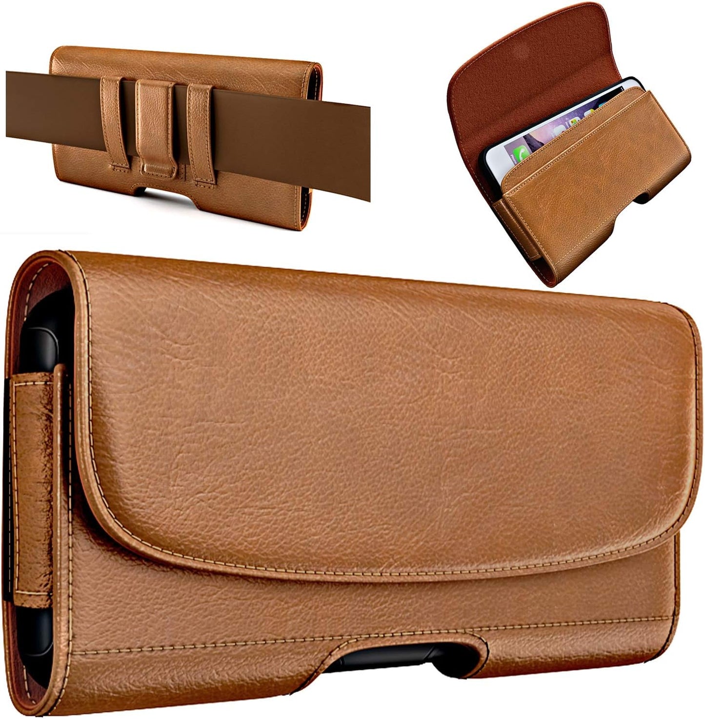Holster for iPhone 16 16e Pro 15 14 13 12 11 10 XR Xs X, Samsung Galaxy S25 S24 S23 5G - Cell Phone Belt Holder Case with Clip - ID Card Magnetic Pouch - Brown
