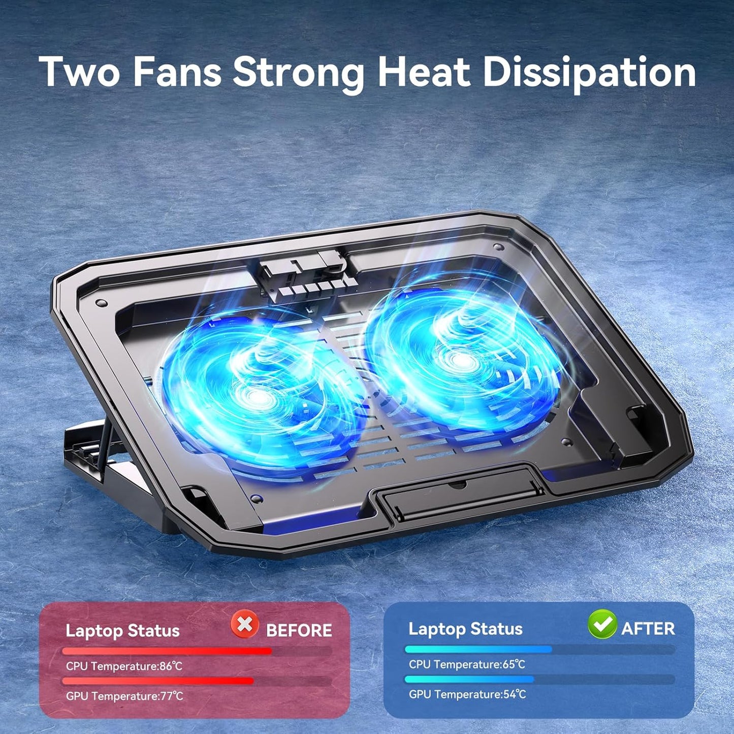 Ultra Slim Laptop Cooling Pad for 10-15.6 Inch Laptops, Portable Notebook Cooler with 2 Quiet Big Fans, Gaming Laptop Fan Wind Speed Adjustable, 5 Heights Adjustment, 2 USB Port