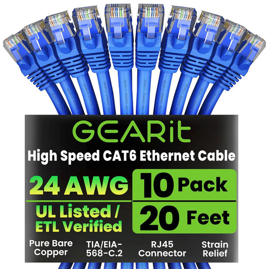 GearIT Cat 6 Ethernet Cable Pack - 10-Pack 20 ft Cat6 Ethernet Patch Cables | RJ45 Network Patch Cable, 10 Gbps Snagless Gold-Plated Connectors - Ethernet Cable Cat 6 for PC, TV, Router - Blue