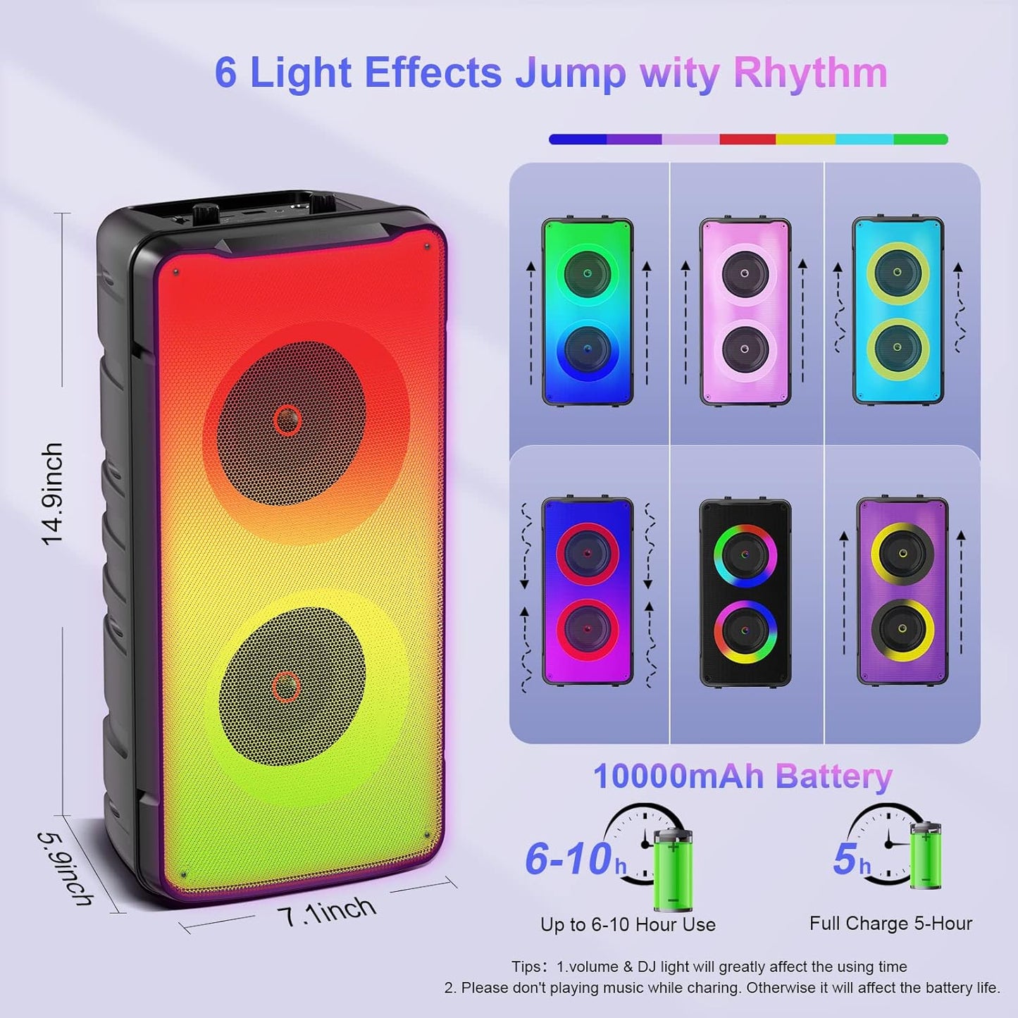 Bluetooth Speakers, 60W(80W Peak) Portable Loud Wireless Stereo Speaker with Rich Bass, Bluetooth 5.0, FM Radio, Colorful Light, TWS Pairing, EQ, 10000mAh Battery, Outdoor Speaker for Home Party Gift