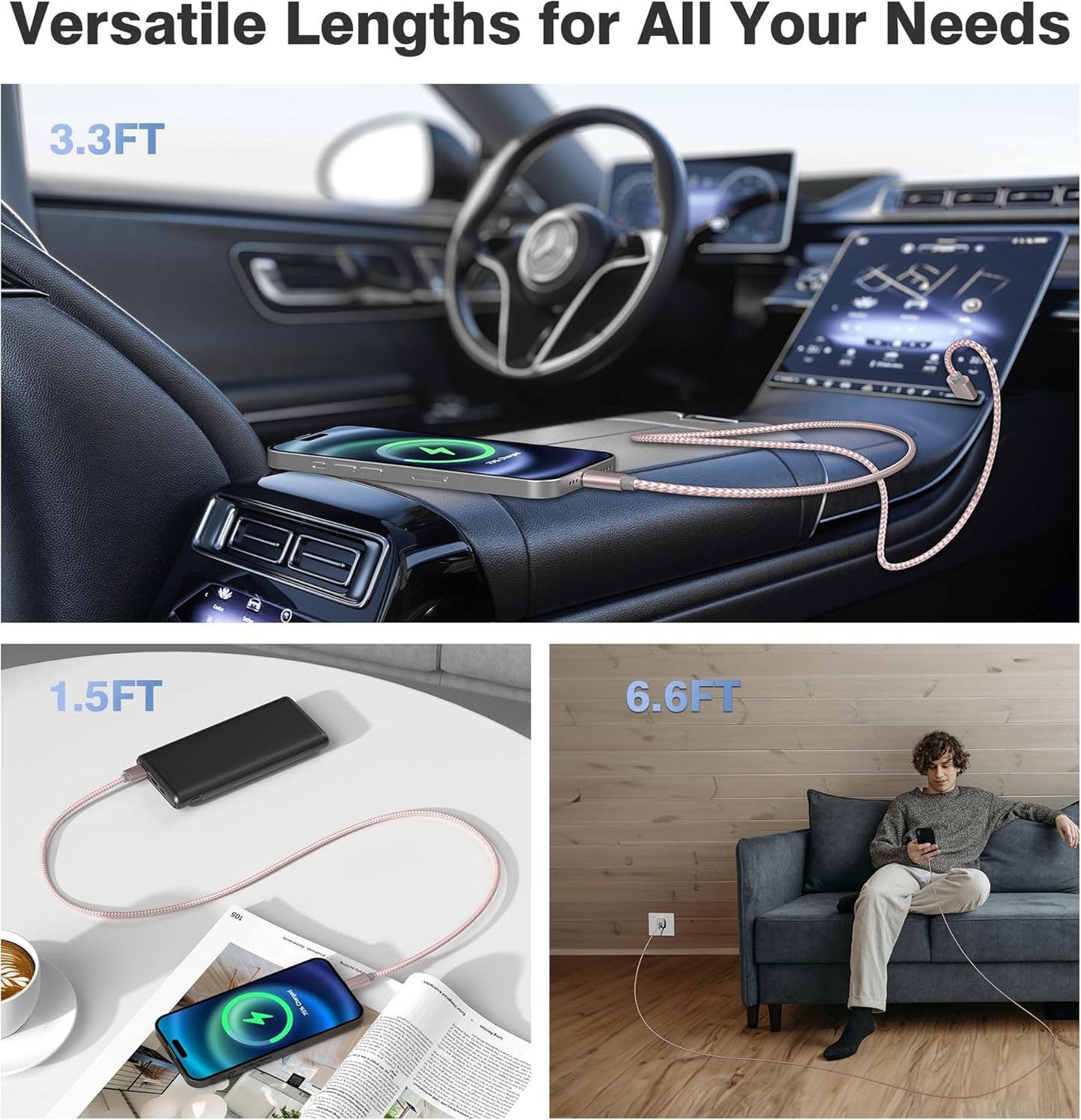 Elebase USB Type C Charging Cable 1.5/3.3/6.6FT 3 Pack,USBC Car Charger Cord for iPhone 16 15 Plus Pro Max 2,Airpods 4,Samsung Galaxy S24 S23 Plus Ultra Note 10 20 S10 S10E,Tab A7,A54 A53 A52,Z Flip