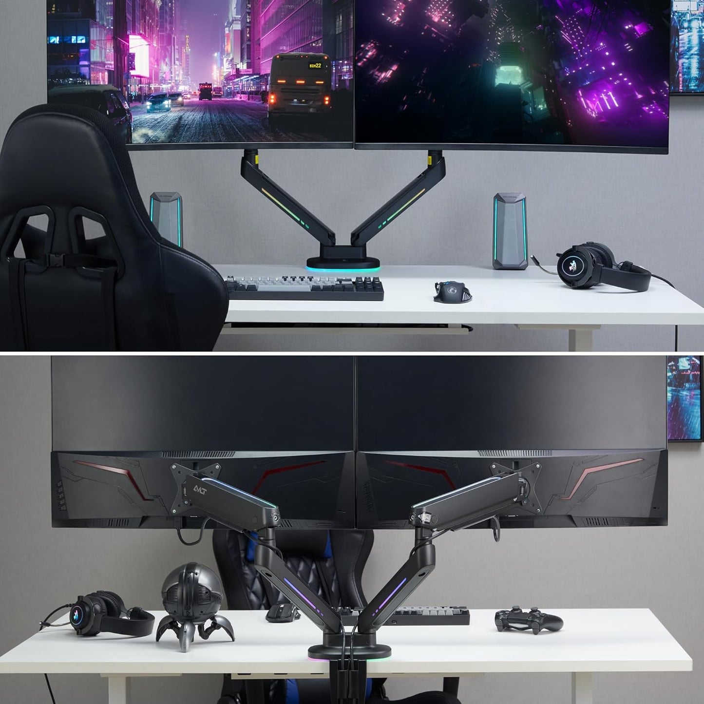 AVLT Dual 27”-43” RGB Gaming Monitor Arm Desk Mount Built-in 20 Lighting Modes Touch Button Control Fits Flat/Curved/Ultrawide Screen Height Swivel Tilt Rotation Adjustable Stand -Black