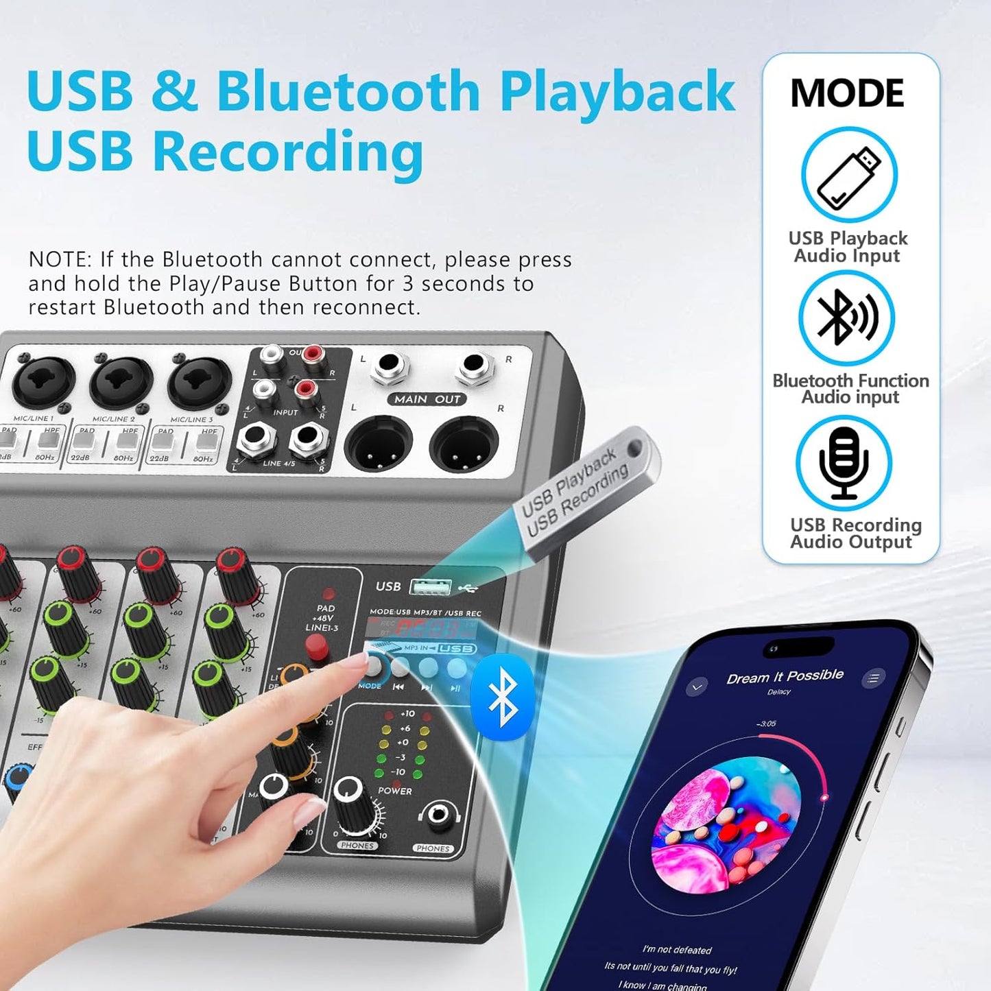 Aveek Professional Audio Mixer, Sound Board Mixing Console with 5 Channel Digital USB Bluetooth Echo Delay Effect, Input 48V Phantom Power Stereo DJ Mixers for Recording, Live Streaming, Podcasting