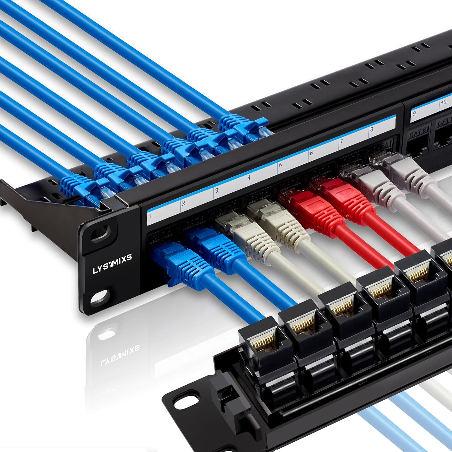 24 Port RJ45 Patch Panel Cat6 Feed Through, Coupler Network Panel 19 Inch, Inline Keystone Ethernet Patch Panel with Back Bar