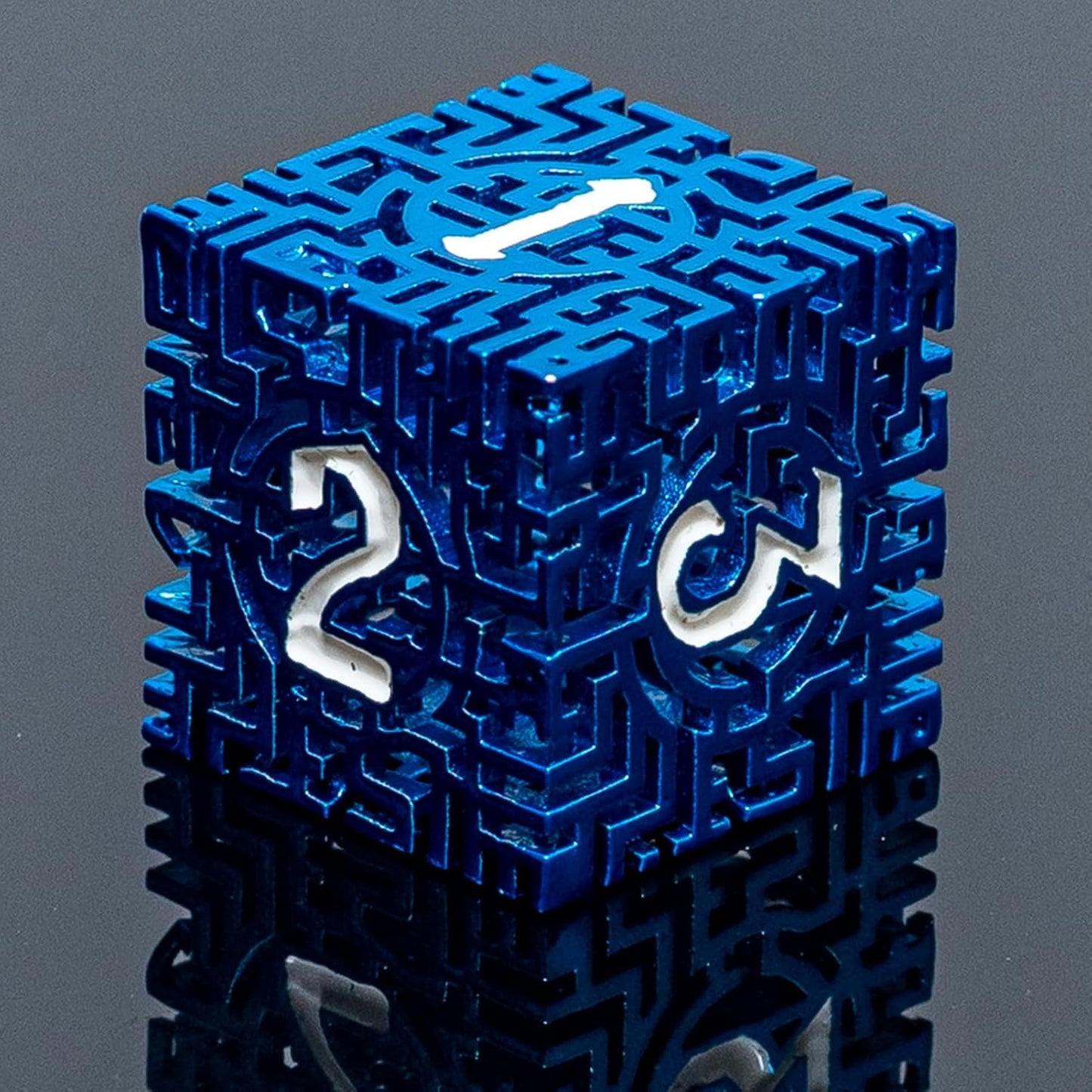 Blue Metal Hollow DND Dice Set (Wizard) Metallic Luster Maze Design with Storage Box - Balanced Weight 7 Piece Zinc Alloy, designed for Dungeons and Dragons DMs and Players RPG Accessories