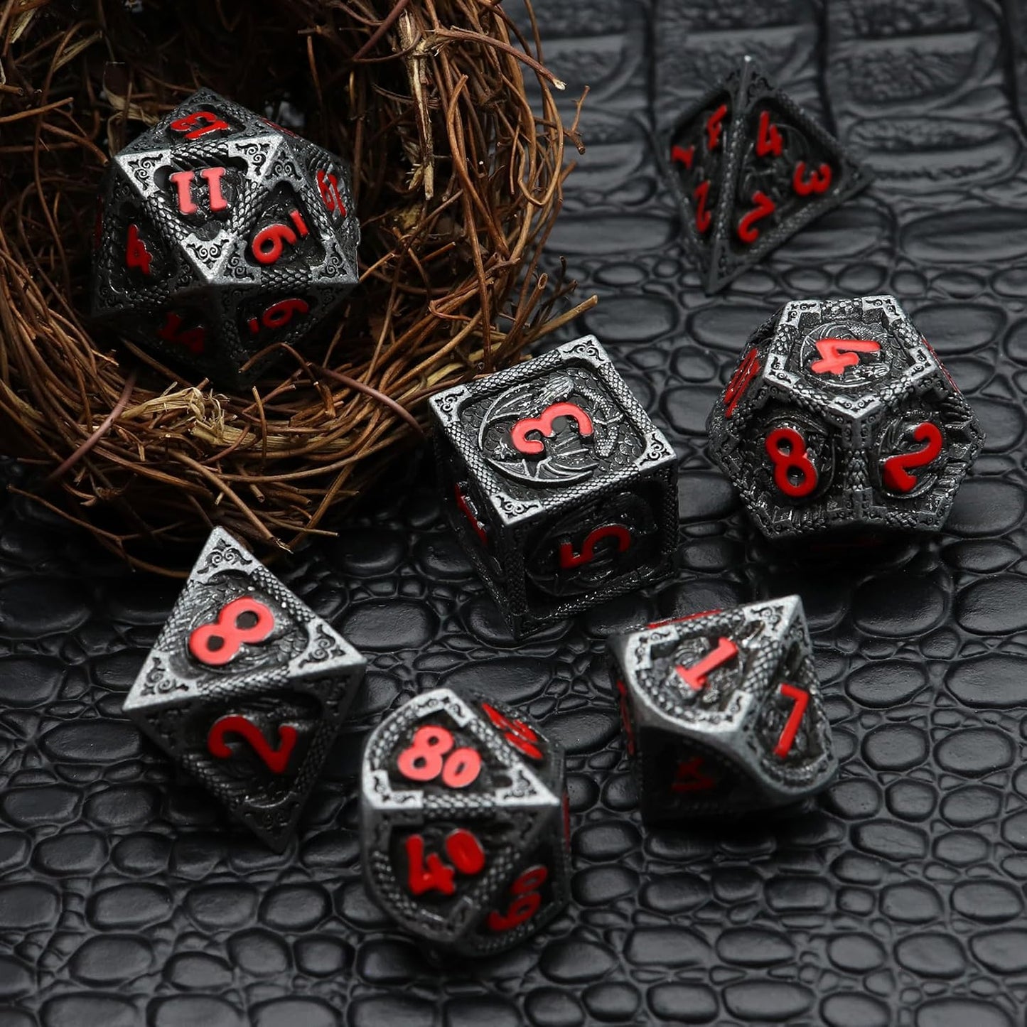 Haxtec Metal DND Dice Set Black Red Dragon D&D Dice Set with Leather Dice Bag Metal Polyhedral Dice Compatible with Dungeons and Dragons Gifts TTRPG Dice
