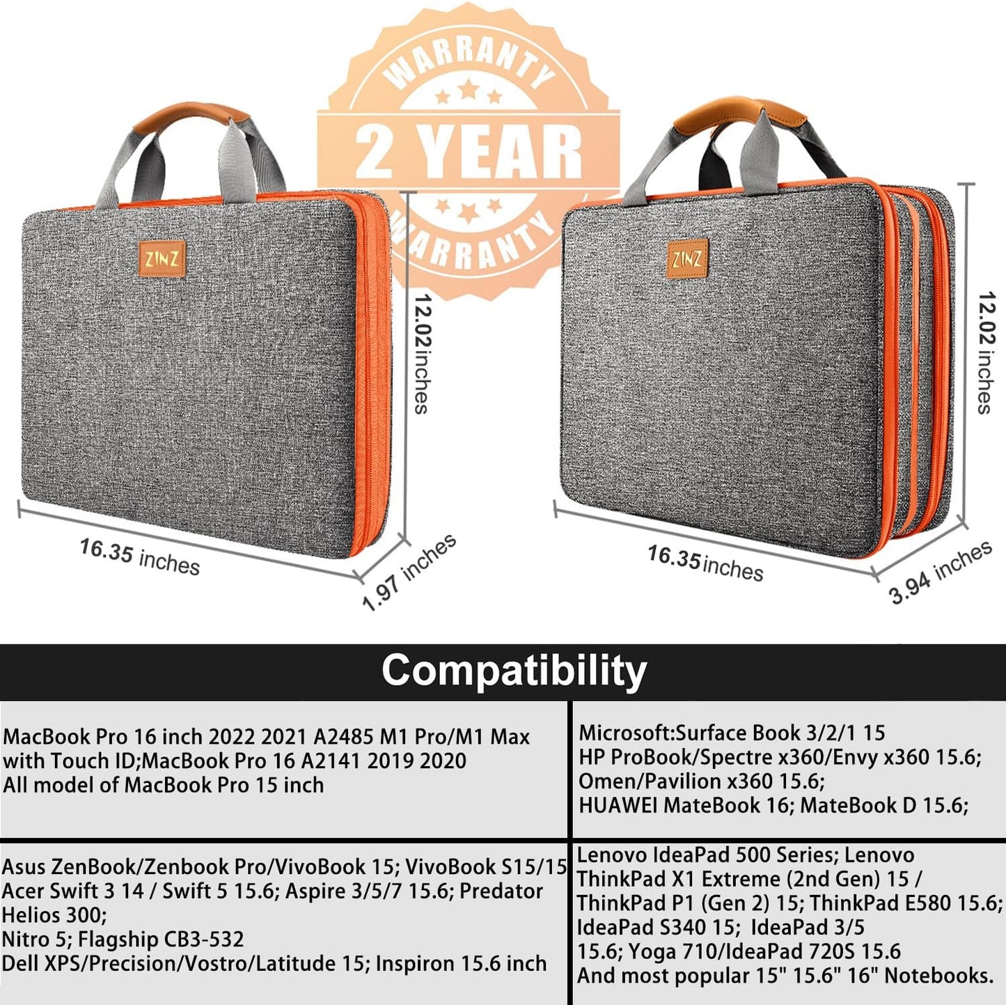 ZINZ Slim Expandable Laptop Case 15.6 Inch Sleeve Upgraded Protective Durable Recycled Carrying Case Compatible with MacBook 15" & 16" and Most 15" 15.6" 16" Notebook,D01G02