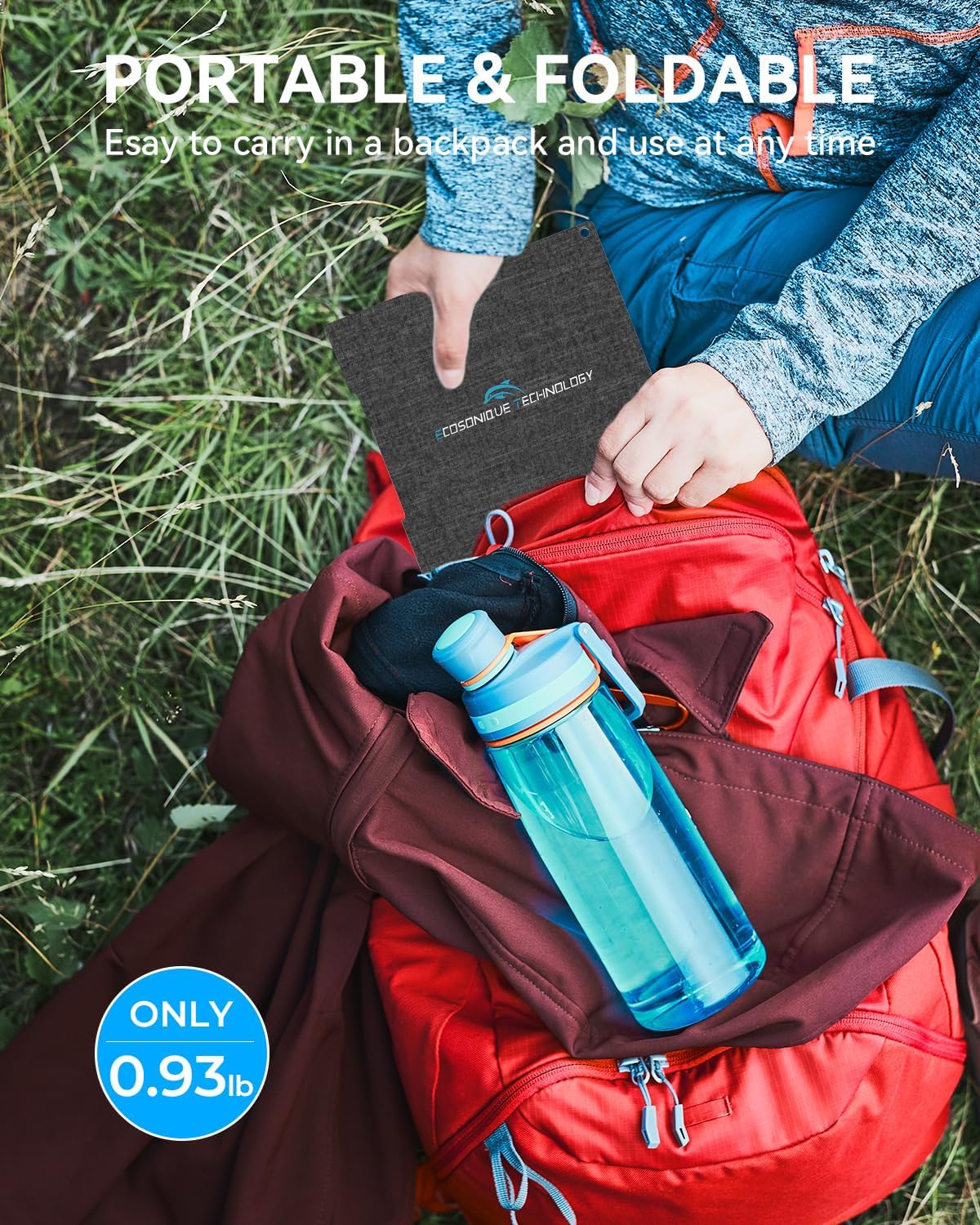 Ecosonique 15W Small Solar Charger Panels with USB C USB A Fast Charging Foldable Emergency Power Panels for Camping Backpacking Compatible with Cell Phone, iPhone, Samsung Galaxy, Google Pixel, LG