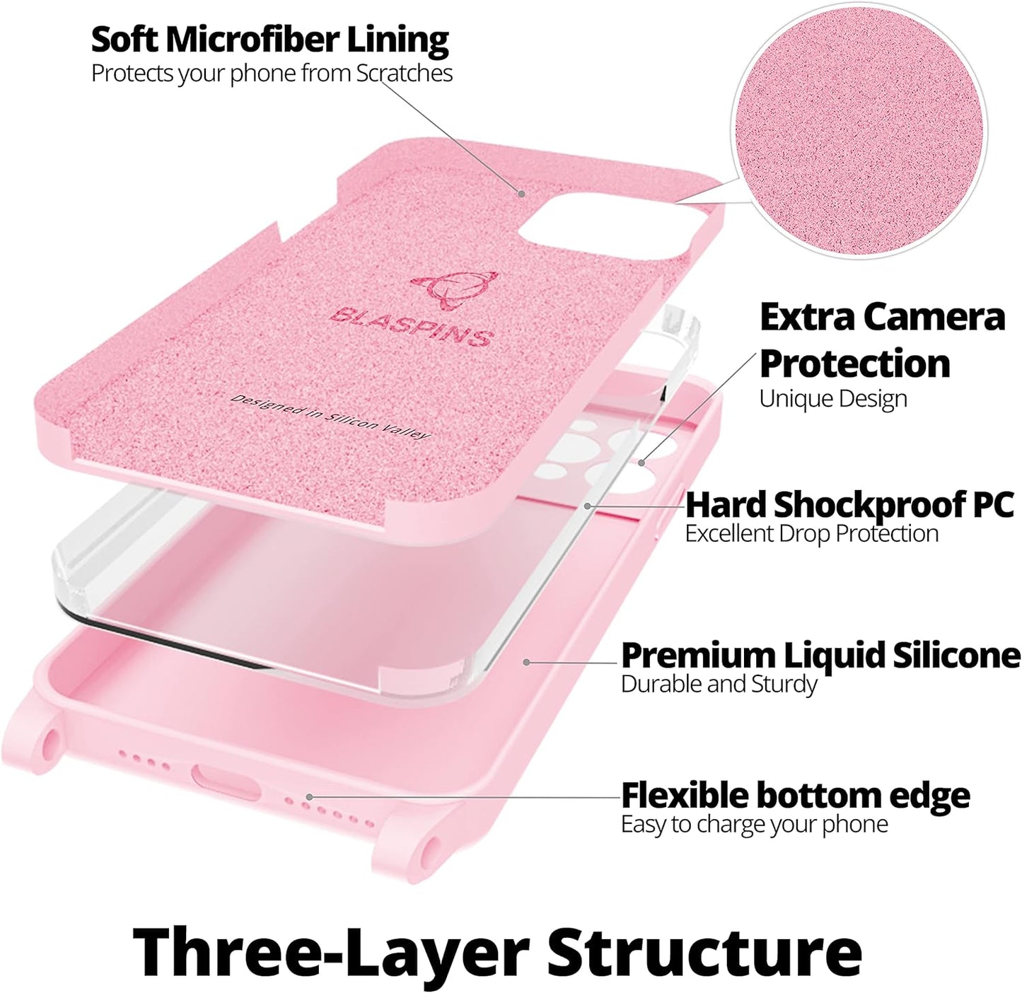 Blaspins Crossbody Lanyard Strap Case for iPhone 13 Pro, Neck Cross Body, Adjustable Holder Removable, Drop Protection Shockproof, Hands-Free Silicone Case 6.1 inch, 150 cm Strap, iP13Pro - Pink