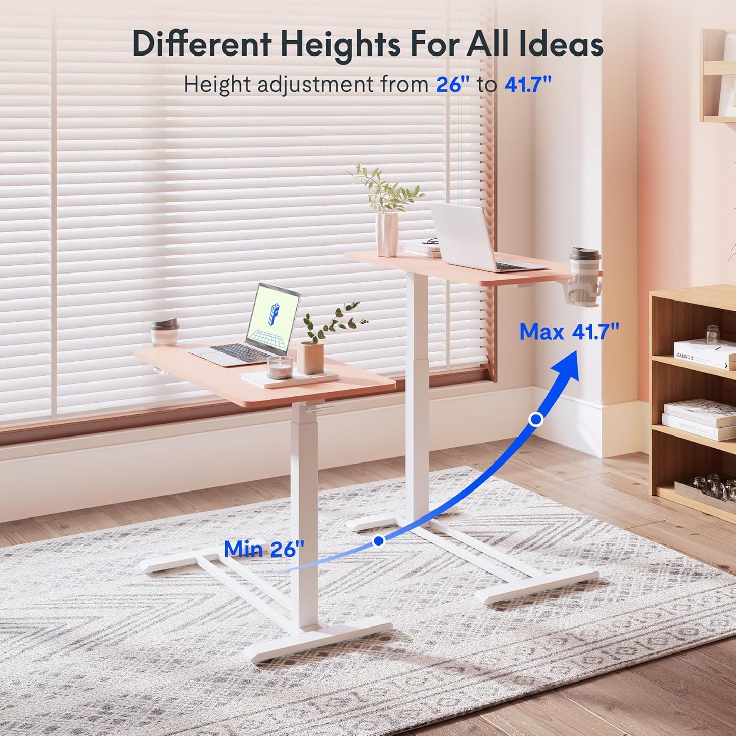 FLEXISPOT Mobile Standing Desk with Wheels Pneumatic Laptop Rolling Computer Cart Movable Height Adjustable Small Sit Stand Desk Computer Workstations Home Use（27.6" W x 15.7" D,Pink