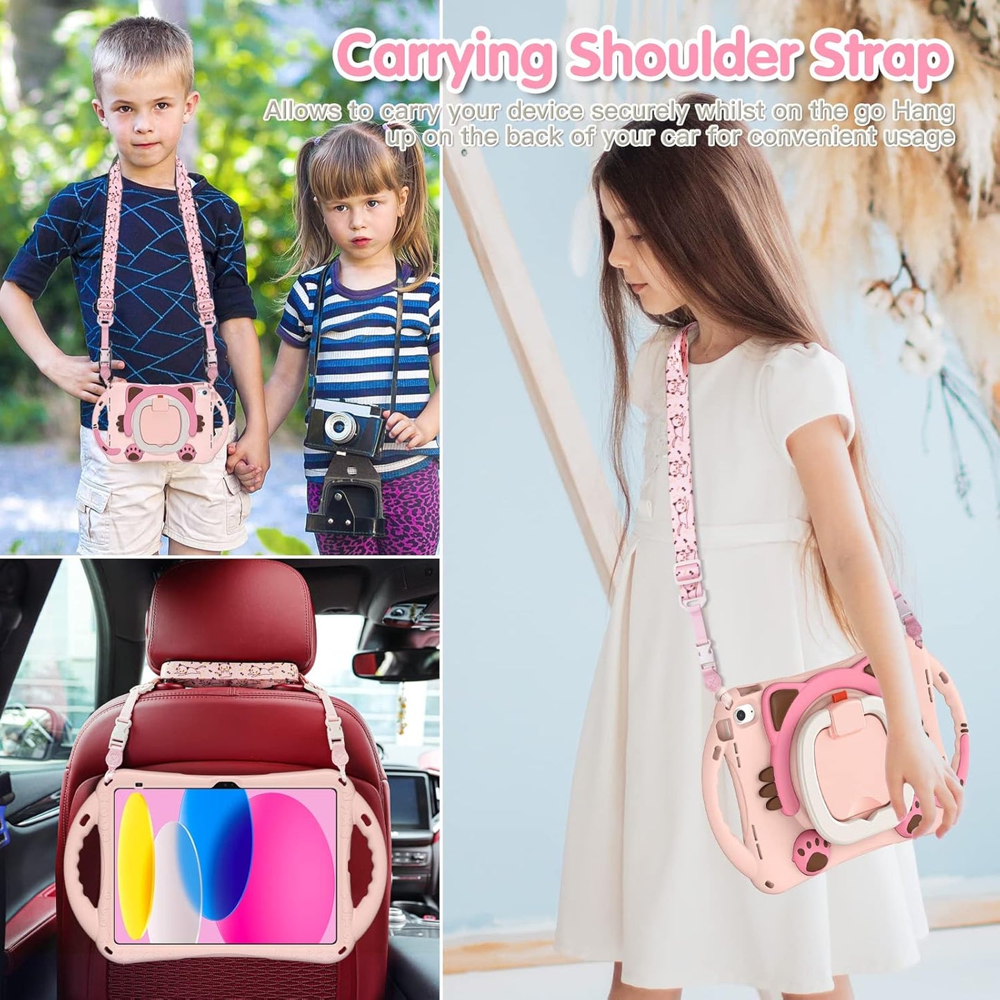 BRAECN Cute Cat Case for iPad (A16) 11th/10th Generation 11”/10.9'' 2025/2022, Silicone Kids Boys Girls Case with Pencil Holder, Carrying Shoulder Strap, 360°Rotating Handle Grip, Kickstand -Pink