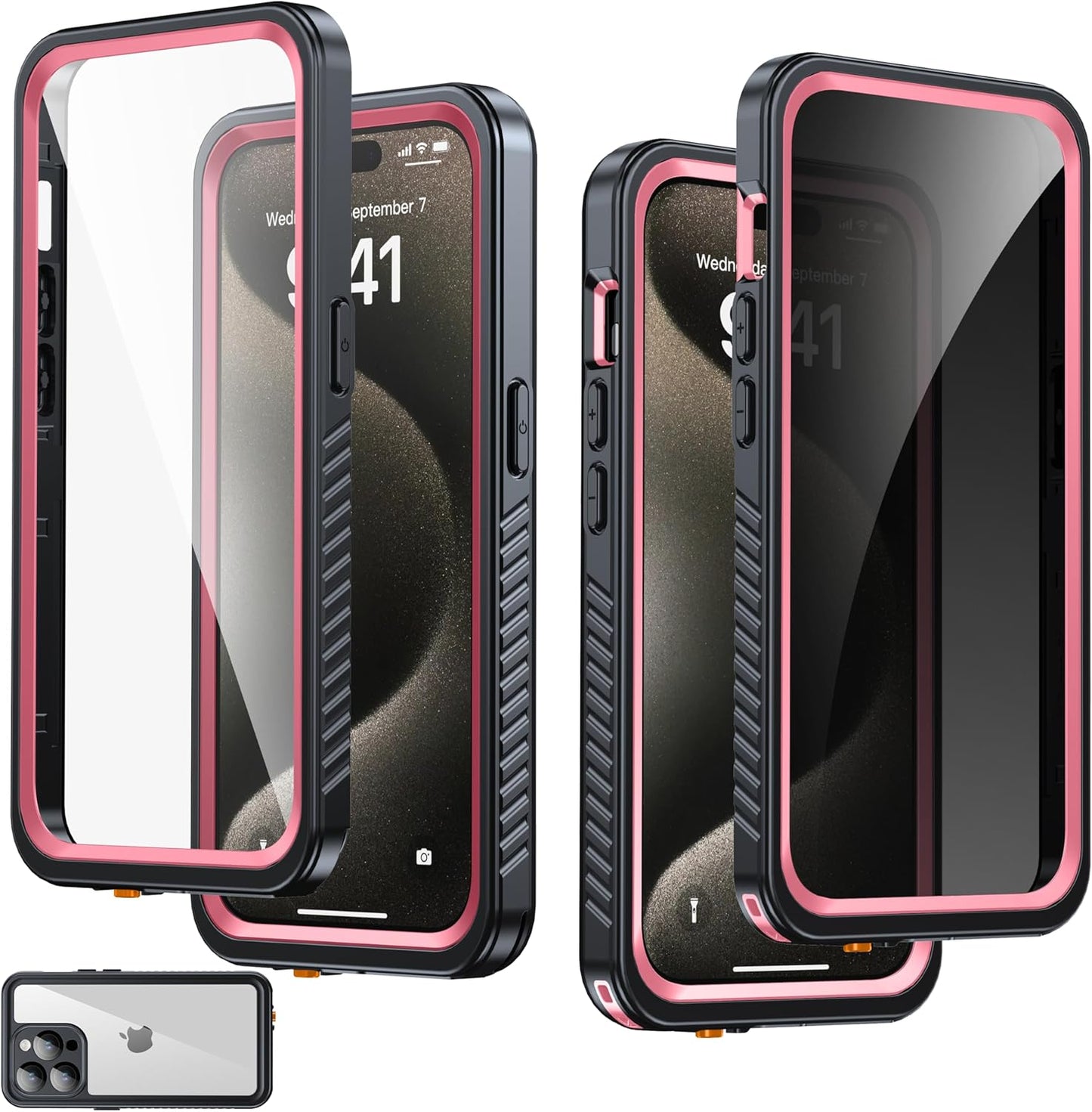for iPhone 15 Pro Case Waterproof, Built-in Privacy Screen & HD Screen Double Front Frame [IP68 Underwater] Shockproof Dustproof Full Body Protection iPhone 15 Pro Phone Case Pink