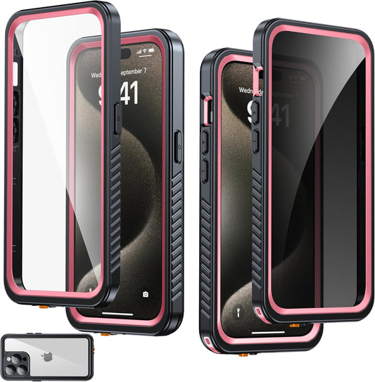 for iPhone 15 Pro Case Waterproof, Built-in Privacy Screen & HD Screen Double Front Frame [IP68 Underwater] Shockproof Dustproof Full Body Protection iPhone 15 Pro Phone Case Pink