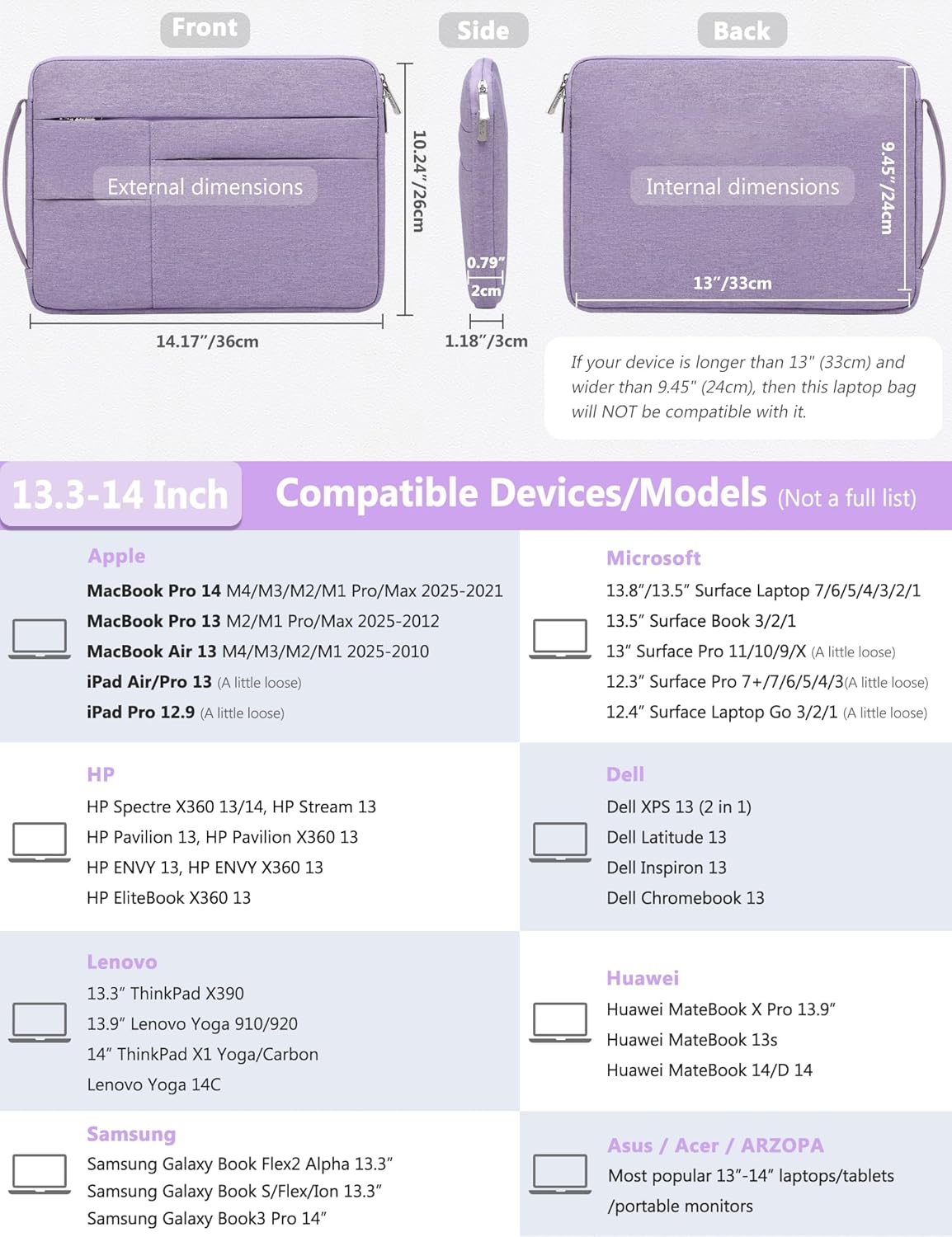 HYZUO 13.3-14 Inch Laptop Sleeve Bag for MacBook Pro 14 M5-M1, MacBook Air/Pro 13, 13.8-13 Surface Laptop/Book, Portable Notebook Case for 13" HP Dell Lenovo ThinkPad Asus Acer Samsung, Lilac Purple