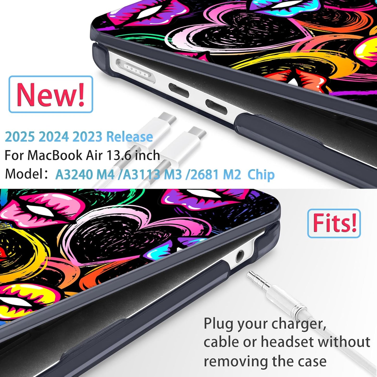 Mektron for 2025 M4 MacBook Air 13.6 Inch A3240 Case Fits 2023 A2681 M2 2024 A3113 M3 Chip with Liquid Retina Display Touch ID, Printed Plastic Hard Shell Cover for MacBook Air 13.6", Colorful Lips