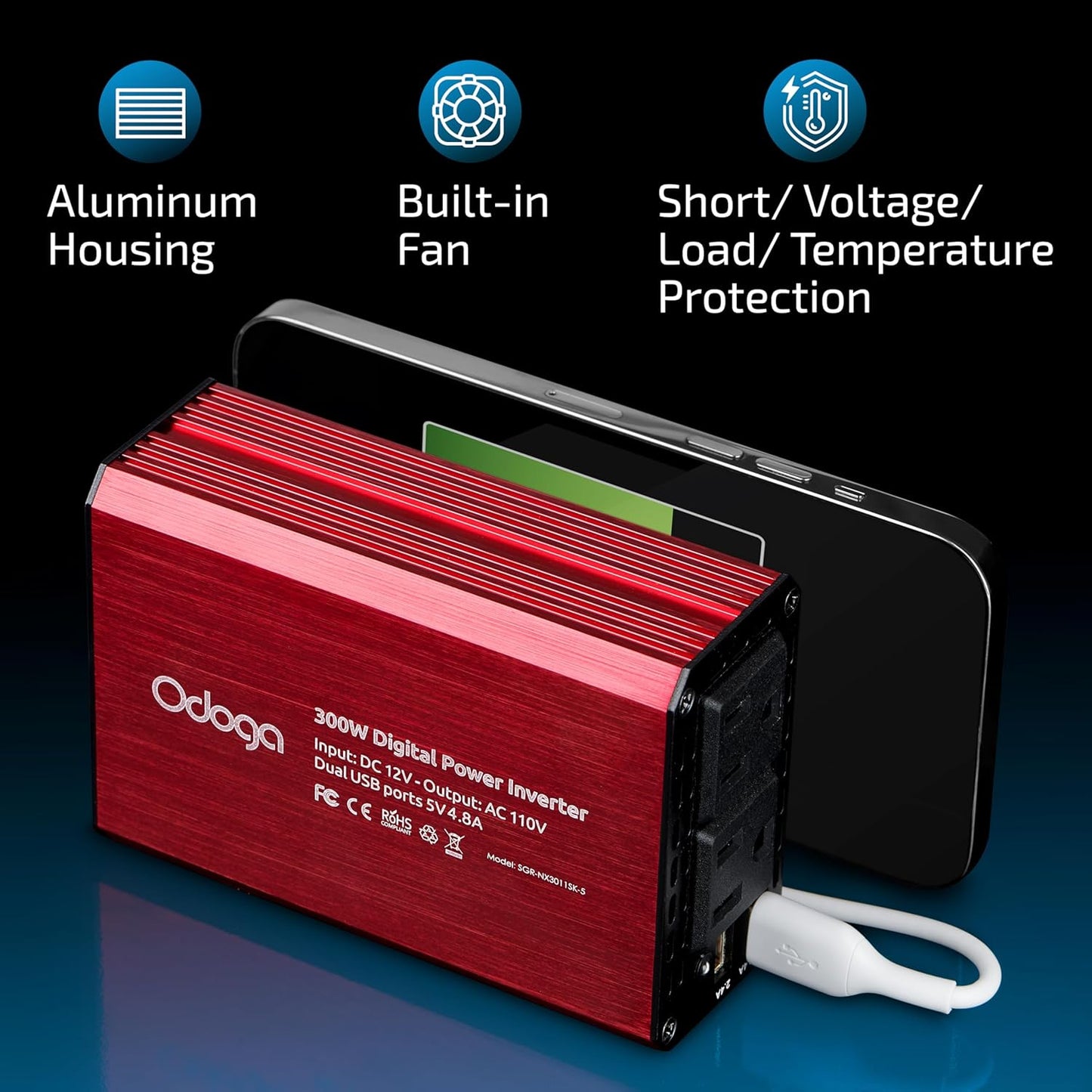 300W Car Power Inverter 12v DC to 110v AC – Car Adapter for Plug Outlet, DC to AC Converter, 4.8A Dual USB by Odoga