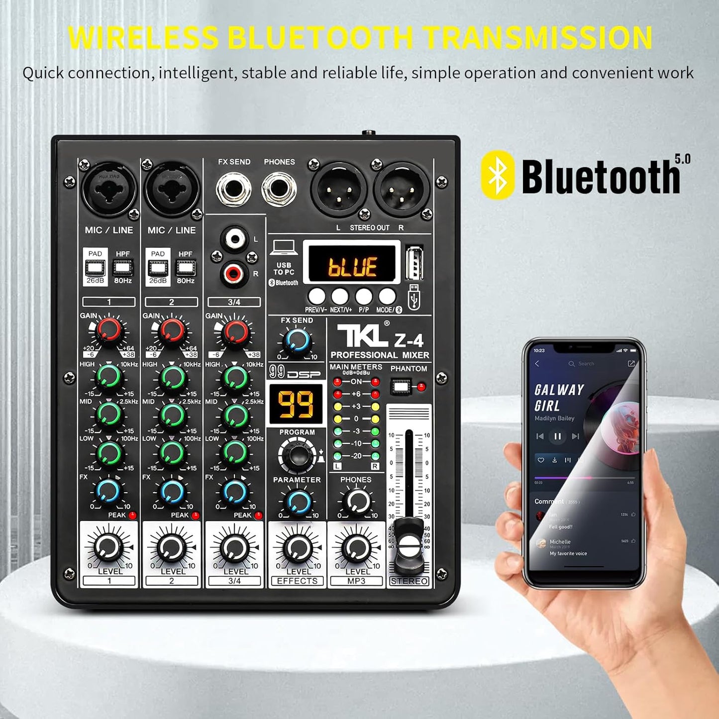 4 Channel Audio Mixer, Professional DJ Mixer Sound Board Mixing Console with 99-Bit DSP Effect, Bluetooth USB Interface Stereo Mixer Board with 48V Phantom Power For Recording Live Stream