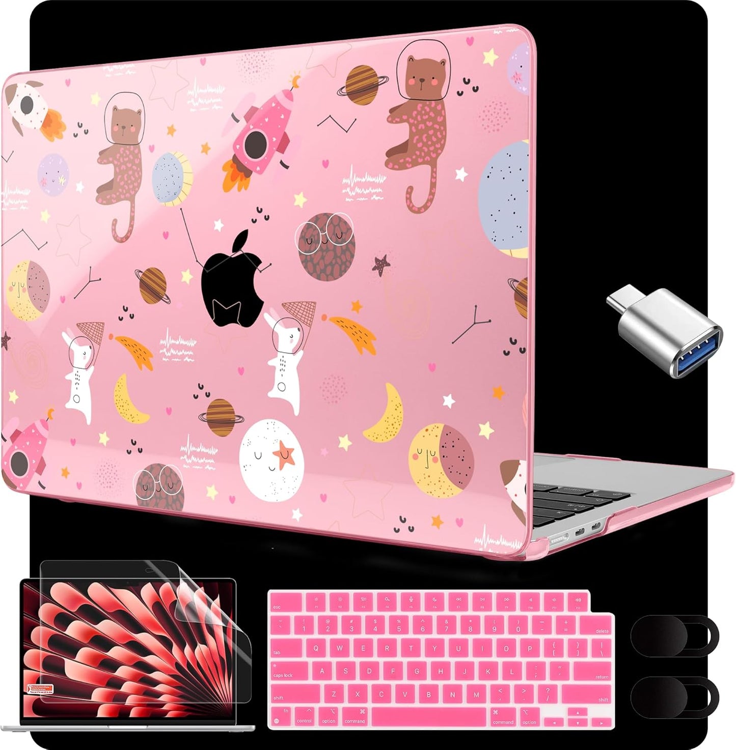 MEEgoodo for M4/M3/M2 MacBook Air 15.3 inch Case 2025 2024 2023, Case Fit Model (A3241/A3114/A2941) for MacBook Air 15 inch, Laptop Hard Shell with Keyboard Cover, Space & Animals