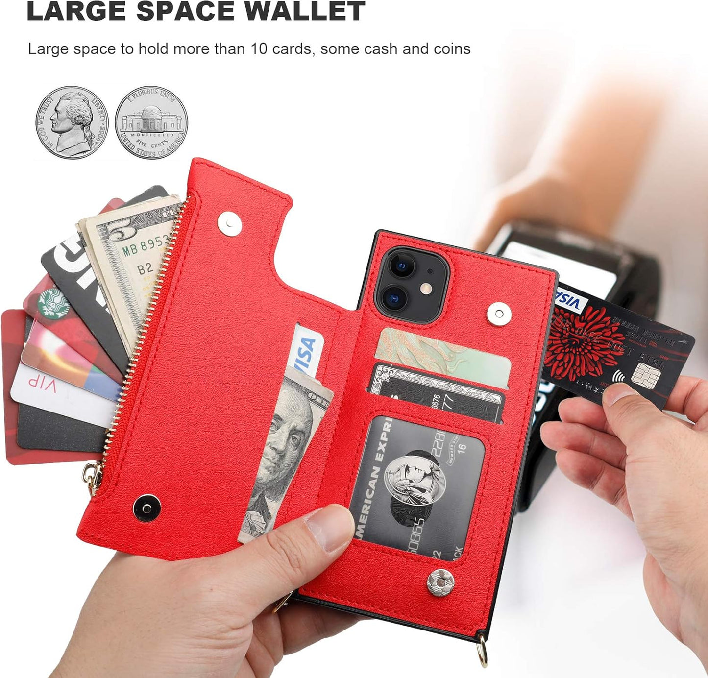 Bocasal Crossbody Wallet Case for iPhone 11 with Card Holder,Zipper Card Slot Protector Shockproof Purse Cover with Removable Cross Body Strap 6.1 Inch(Red)