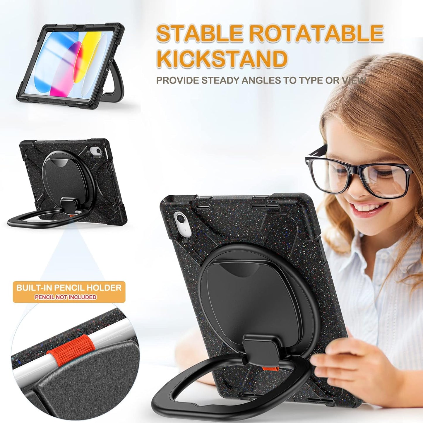 BRAECN Case for iPad (A16) 11th/10th Generation 11”/10.9'' 2025/2022-Heavy Duty Rugged Silicone Case w/Swivel Ring Stand/Kickstand/Shoulder Strap/Pencil Holder/Screen Protector-Carnival Night (Black)