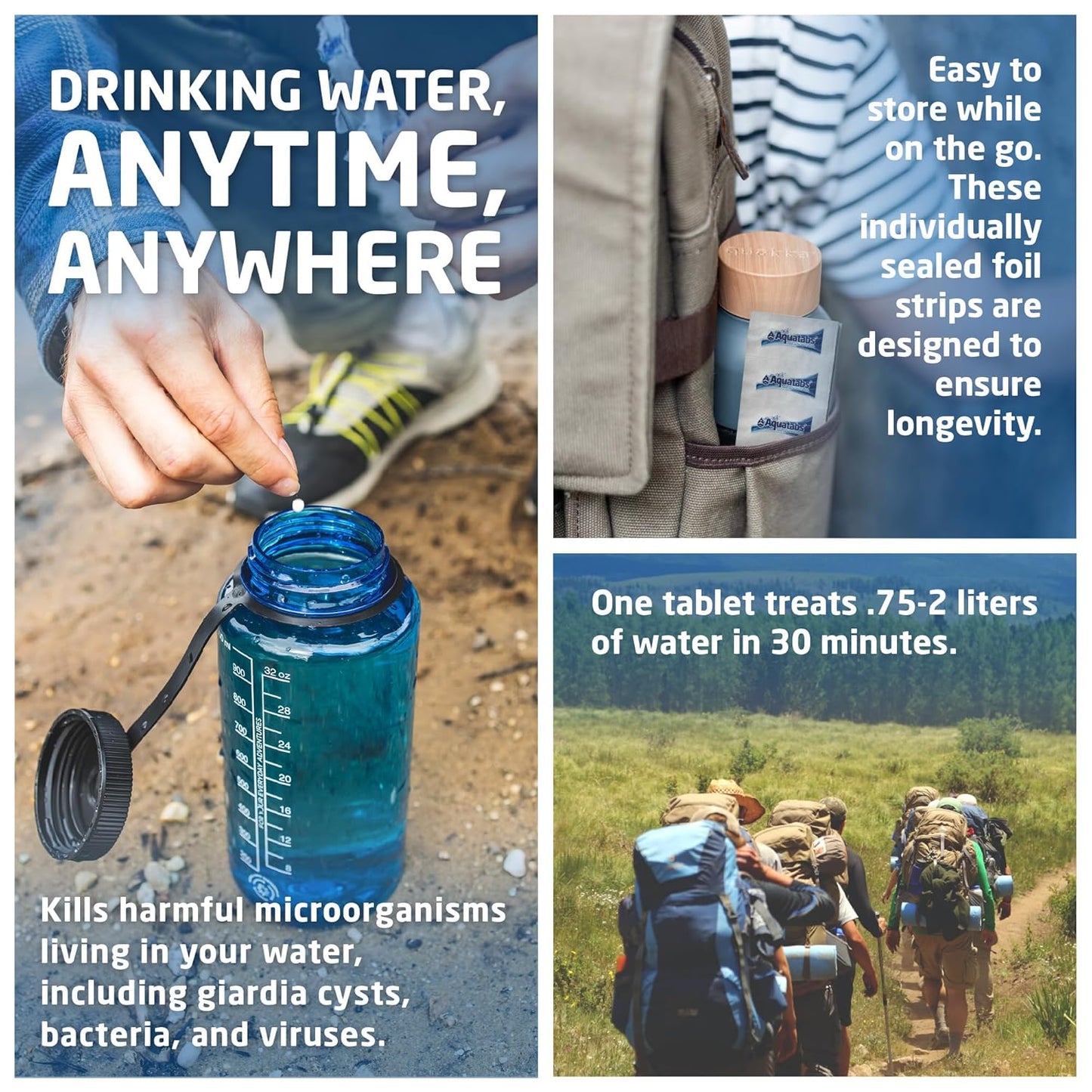 Aquatabs 49mg Water Purification Tablets (100 Pack). Water Filtration System for Hiking, Backpacking, Camping, Emergencies, Survival, and Home-Use. Easy to Use Treatment and Disinfection.