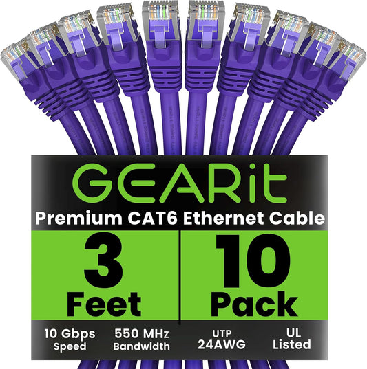 GearIT Cat 6 Ethernet Cable (10-Pack 3 Feet) Cat6 Network Patch, 10Gbps, RJ45, Snagless Cord, Gold-Plated Connectors, Internet for PC, TV, Tablet, Router, Printer, Servers, IT Data Center - Purple