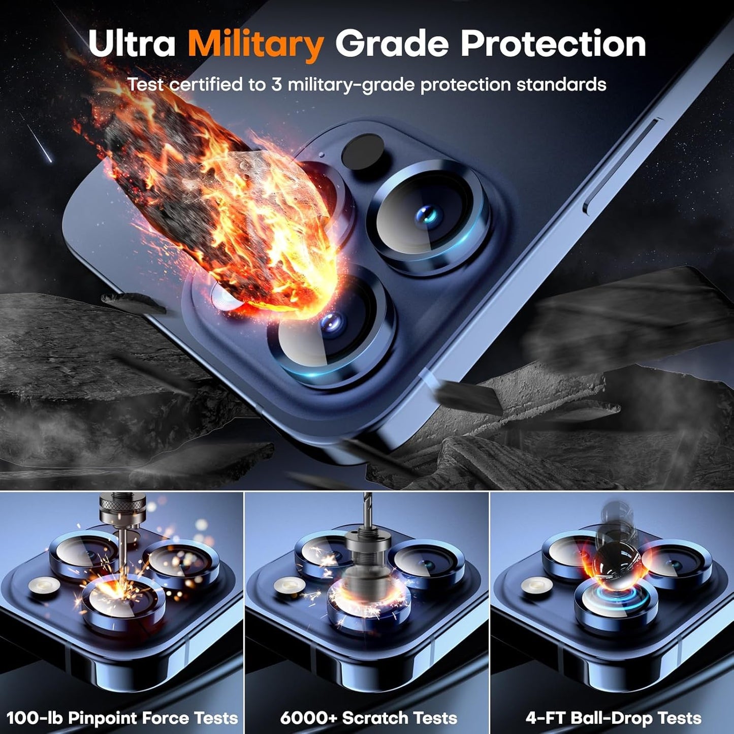 Camera Lens Protector for iPhone 16 Pro Max/16 Pro/15 Pro Max/15 Pro/14 Pro Max/14 Pro, Sapphire Glass Metal Individual Camera Cover Screen, Anti-drop, Case Friendly- Blue Titanium