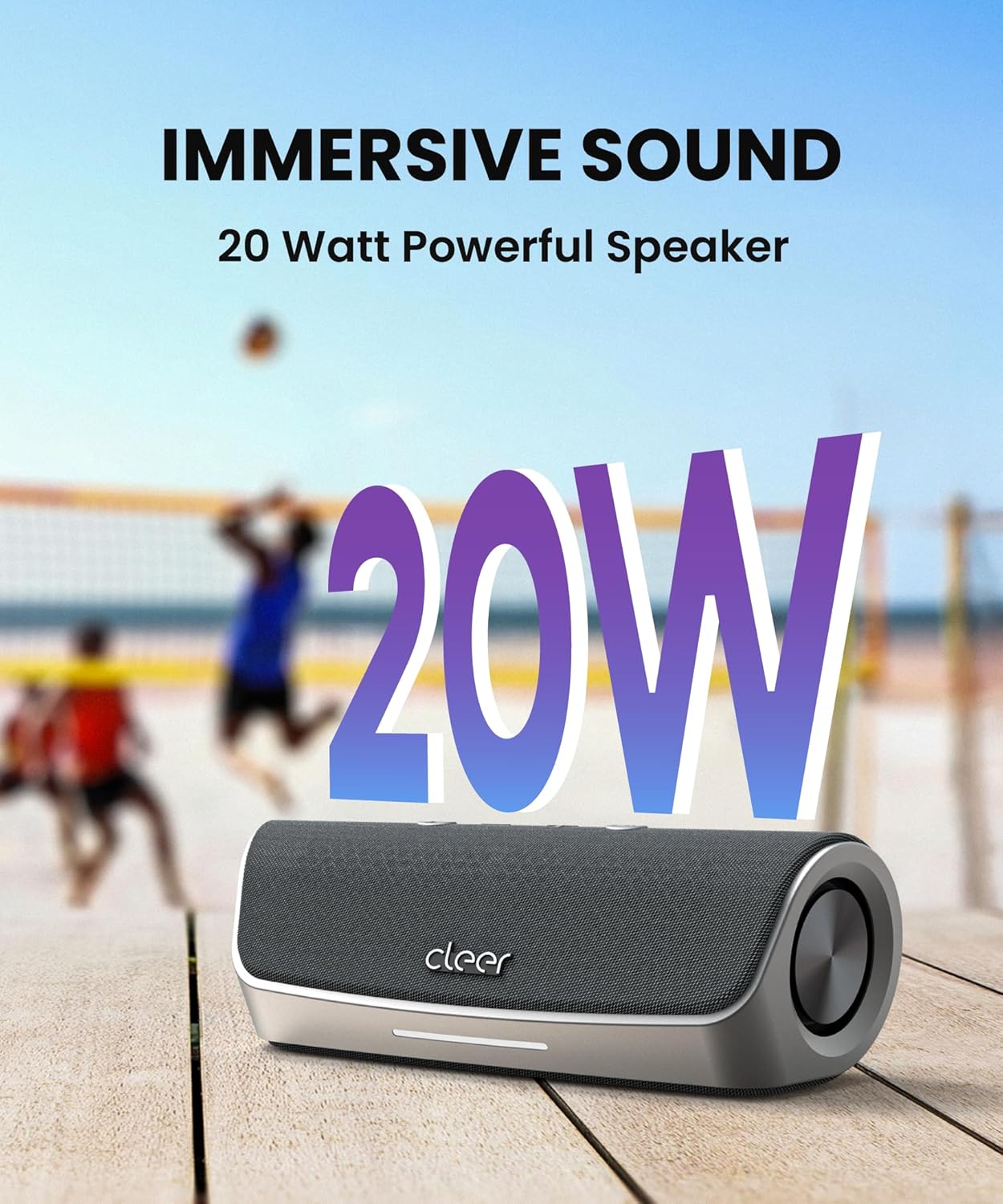 Cleer Scene Wireless Bluetooth Speaker, Stereo Wireless Pairing, Waterproof IPX7, 12Hrs Play time, Deep Bass, Built-in Mic, Powerful Portable Speakers, for Outdoor & Party, Home, Grey