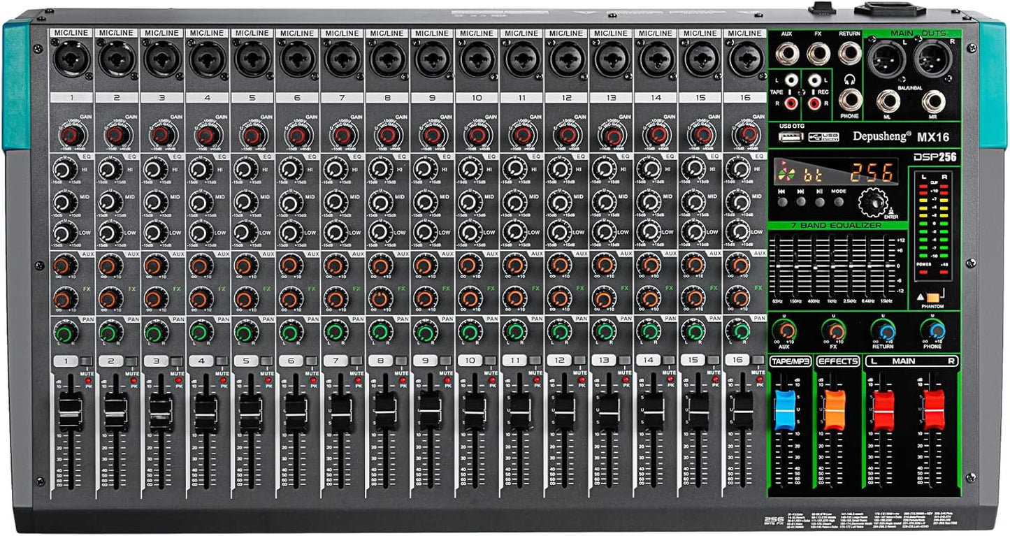 Depusheng MX16 16 Channel Sound Mixer Audio Mixing Console 48V 256DSP Professional USB PC Play Record Podcast Live Broadcast (US MX16)