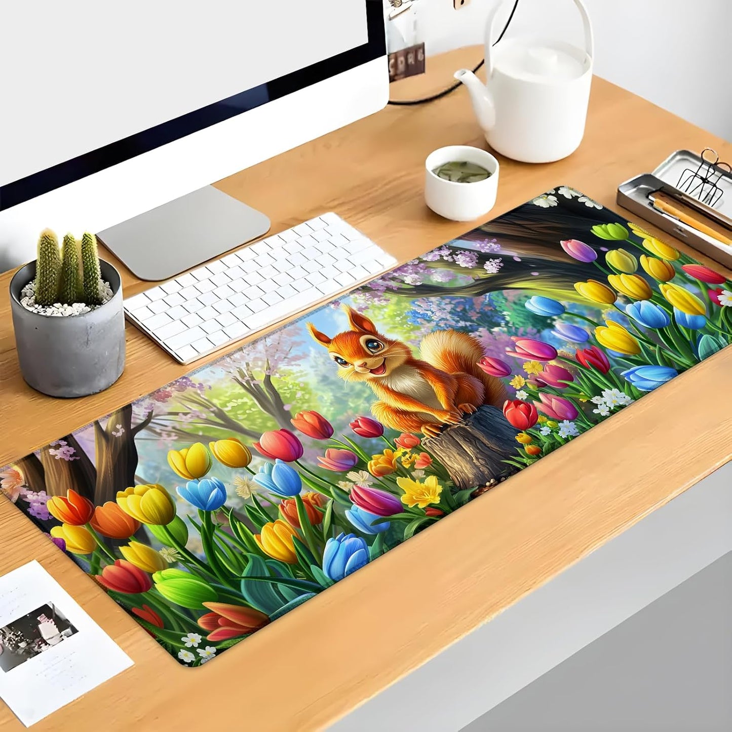 Adorable Squirrel Gaming Mouse Pad, Colorful Tulip Mousepads for Gaming Home Office Work, Extended Mats Computer Keyboard Laptop, 31.5×11.8 Inch Large Desk Mat with Non-Slip Rubber Base
