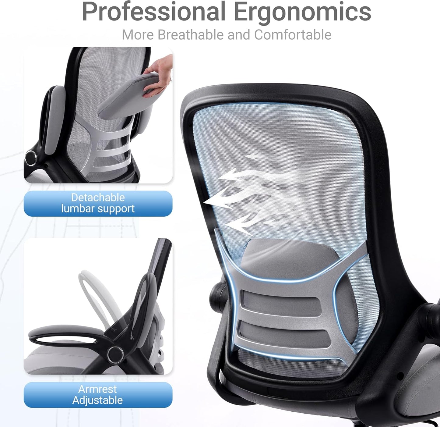 HYLONE 400lbs Heavy Duty Drafting Chair 5" Thickened Seat Office Chair with Flip-Up Armrests Tall Ergonomic Computer Chair with Lumbar Support and Adjustable Footrest Ring Standing Desk Chair(Grey)