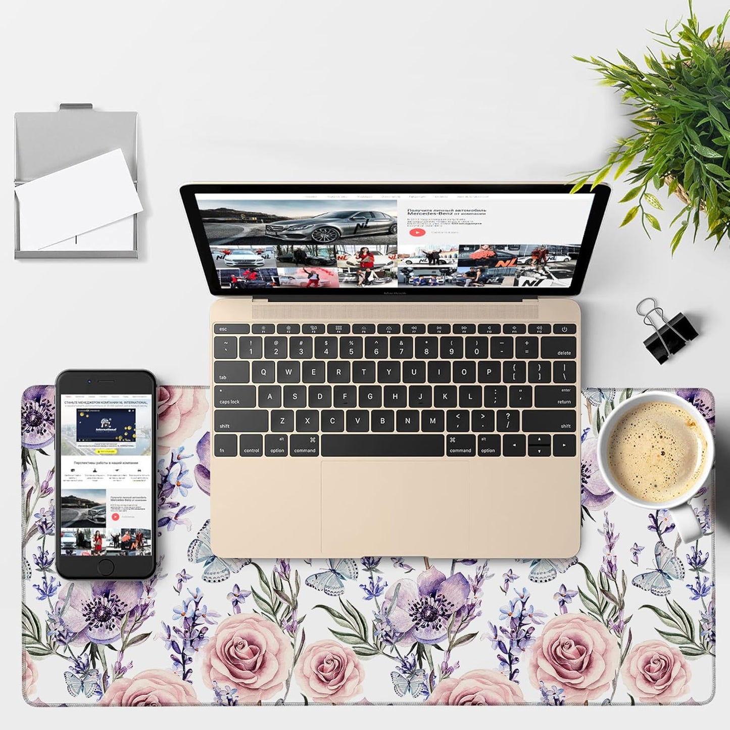 Gaming Desk Pad Large Extra Length Lavender, Roses and Anemone Mouse Pad Keyboard Laptop Non-Slip Waterproof with Rubber Base Thick Stitched Edge Mouse Mat for Office Home 35.4 x 15.7 Inches