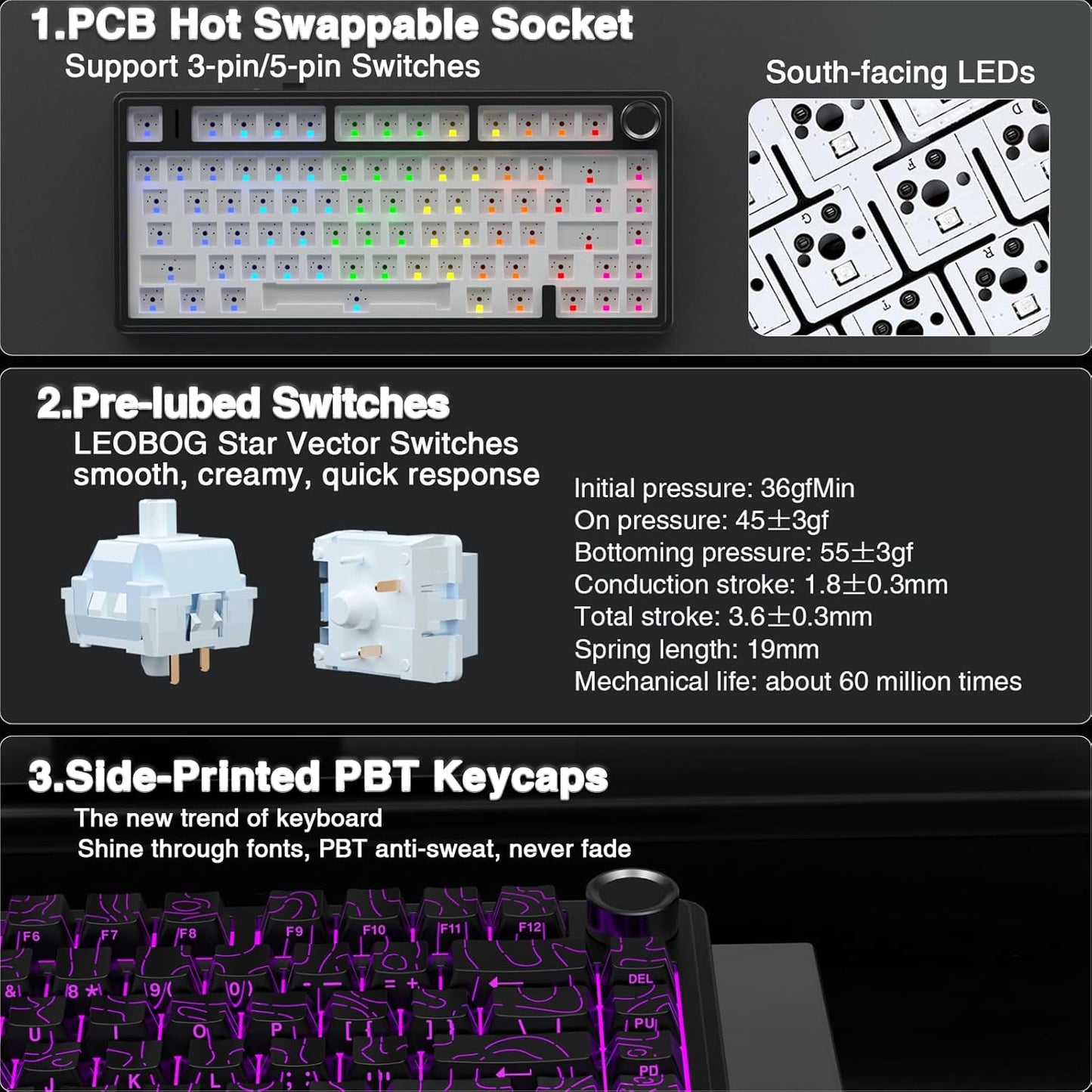 AULA F75 Pro Wireless Mechanical Keyboard with Knob,75% Hot Swappable Custom Gaming Keyboards,RGB Backlit,Pre-lubed Switches,Side Printed PBT Keycaps Creamy Sounding Computer Keyboard, Line Black