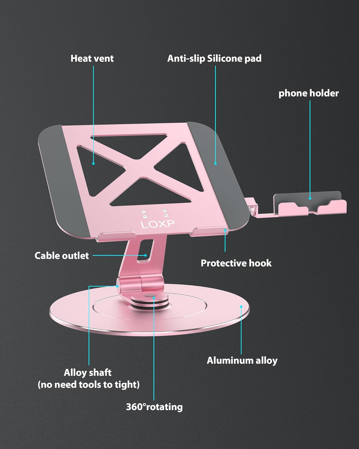 Ultra-Stable Aluminumy Swivel Laptop Stand for Desk with Rotating Foldable Phone Holder, 300% Larger Base, Stylish Computer Stand for Women, Men Office, Fits 10-17.3" Laptops, Pink
